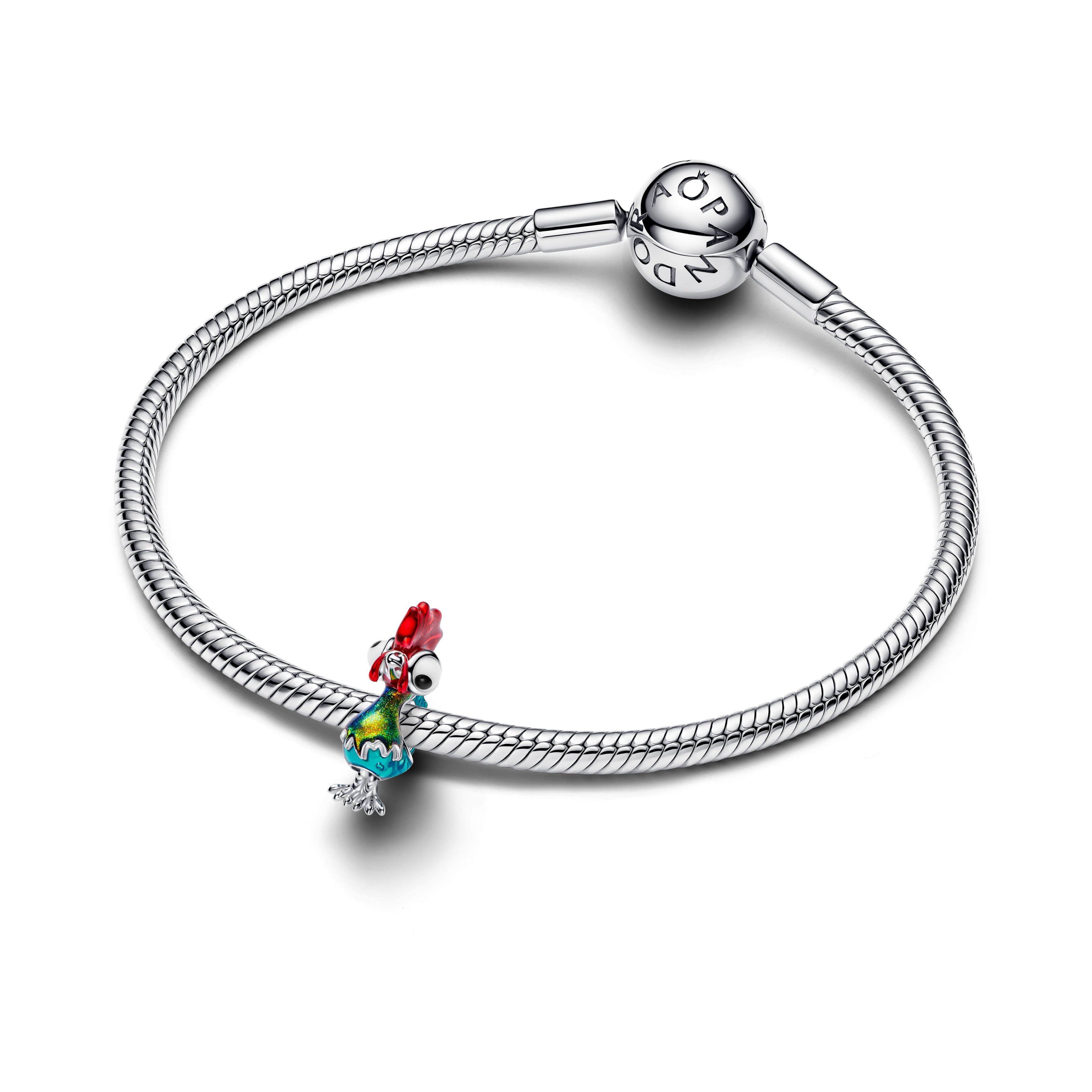 Disney Moana Heihei Sterling Silver Charm With White And Black Murano Glass, Red, Blue And Shimmering Green Enamel
