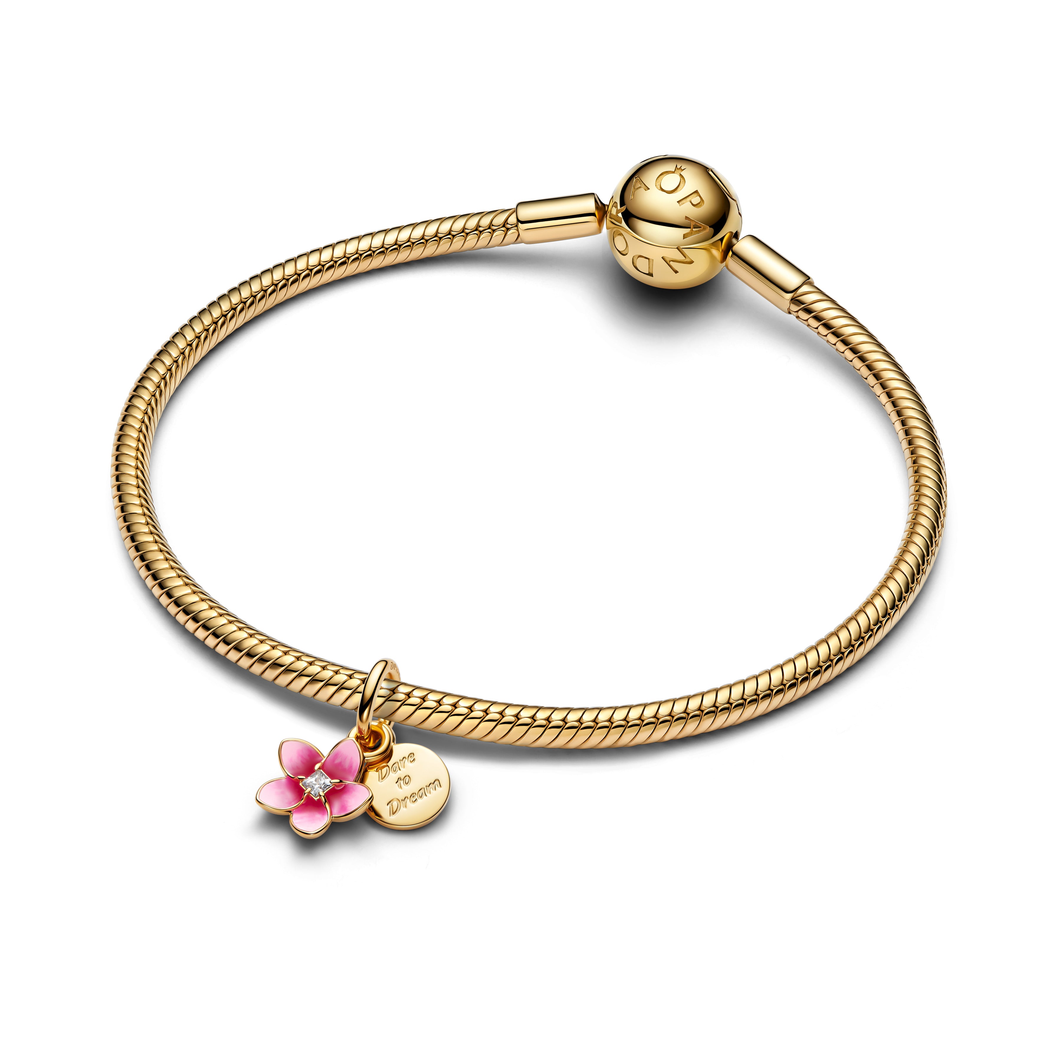 Disney Moana Pink Plumeria 14K Gold-Plated Double Dangle With Clear Cubic Zirconia And Shaded Pink Enamel