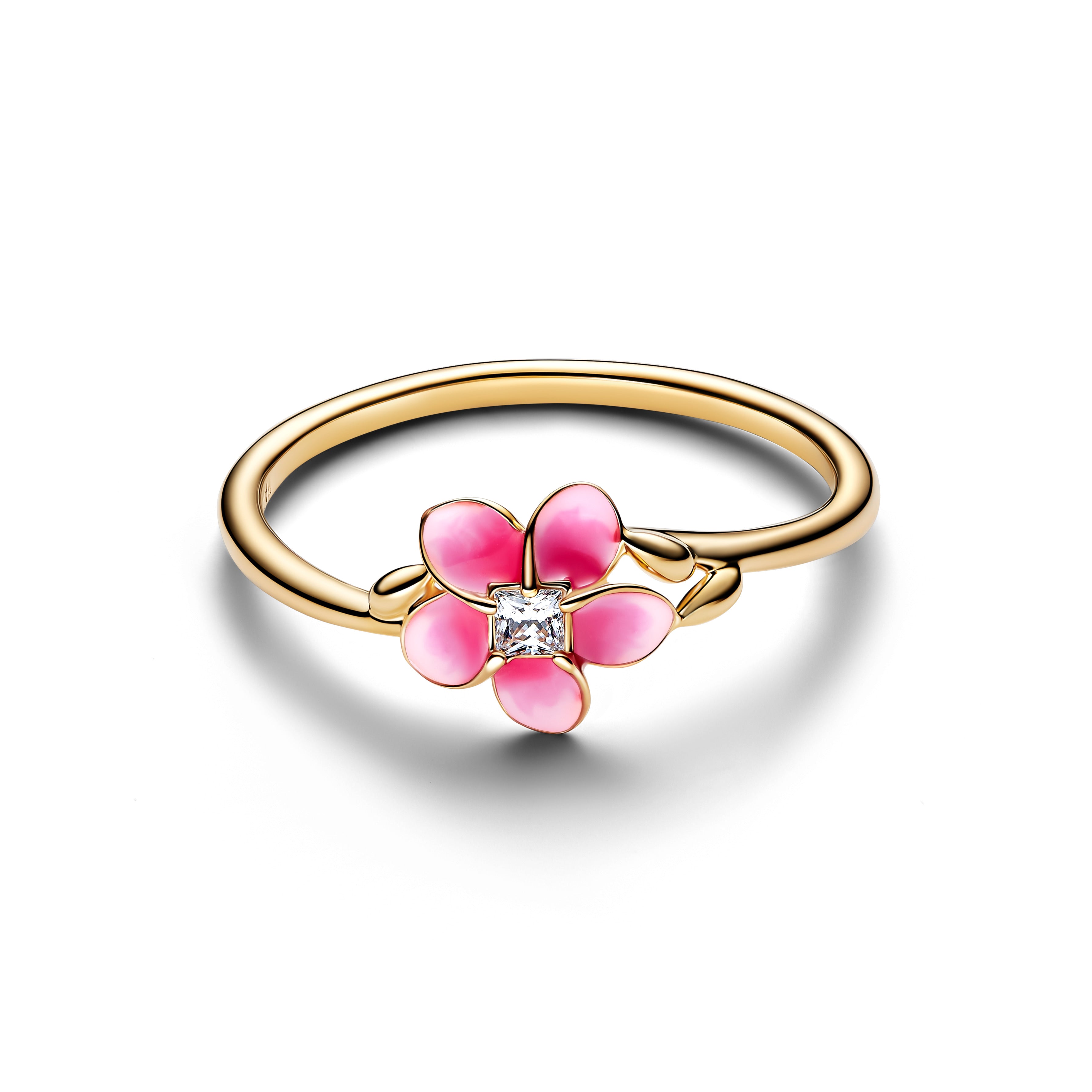 Disney Moana Pink Plumeria 14K Gold-Plated Ring With Clear Cubic Zirconia And Shaded Pink Enamel