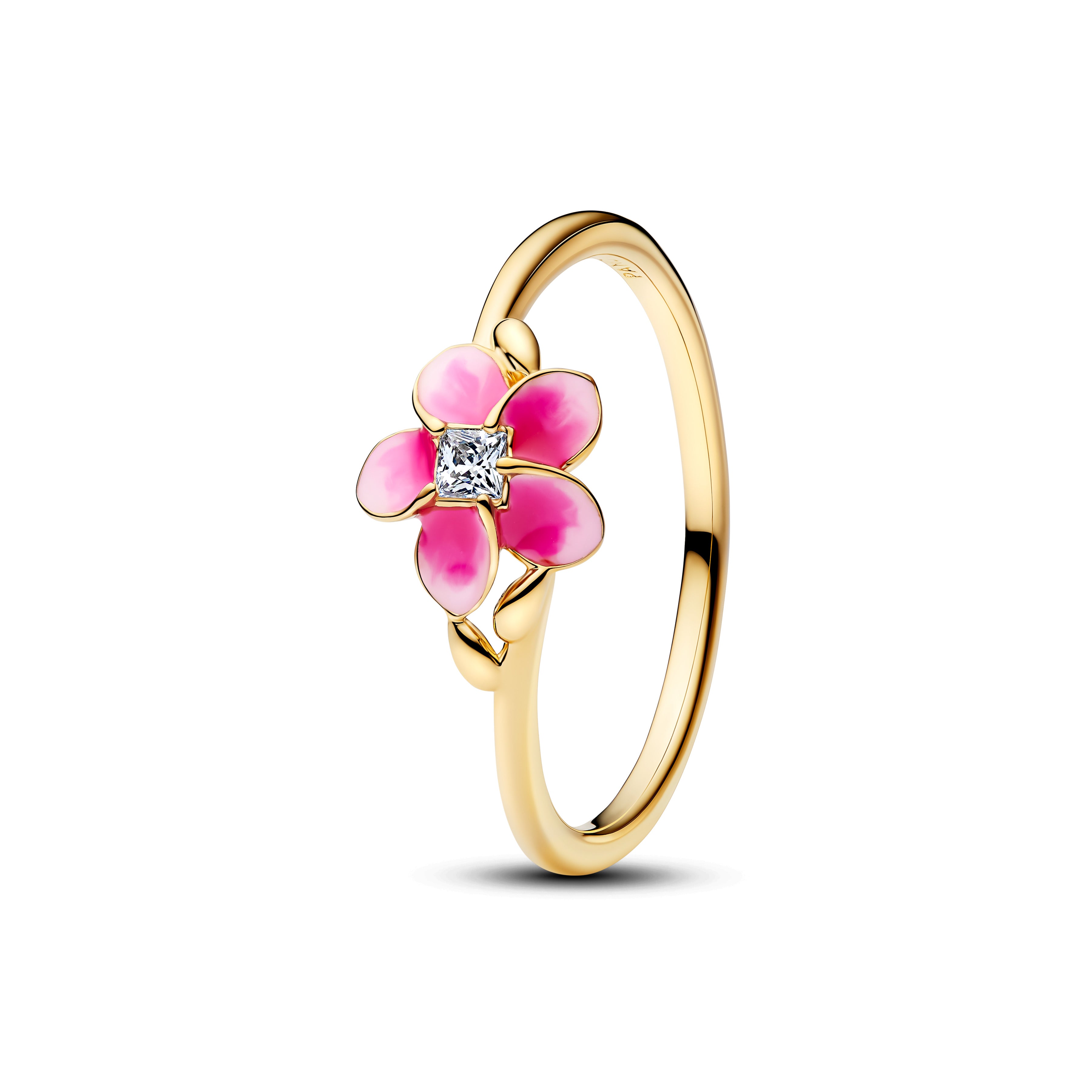 Disney Moana Pink Plumeria 14K Gold-Plated Ring With Clear Cubic Zirconia And Shaded Pink Enamel
