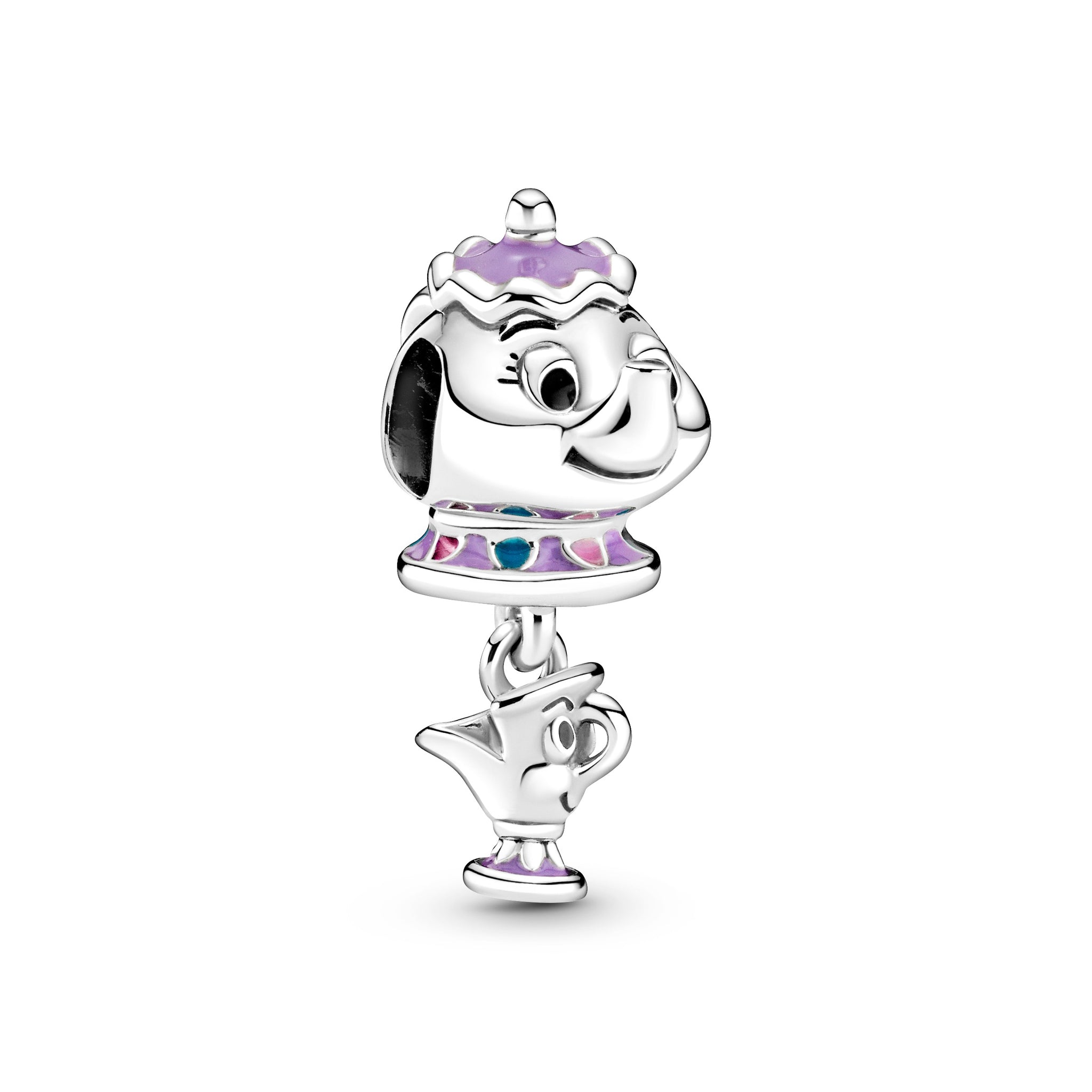 Disney Mrs. Potts And Chip Sterling Silver Charm With Purple, Pink, Blue And Black Enamel