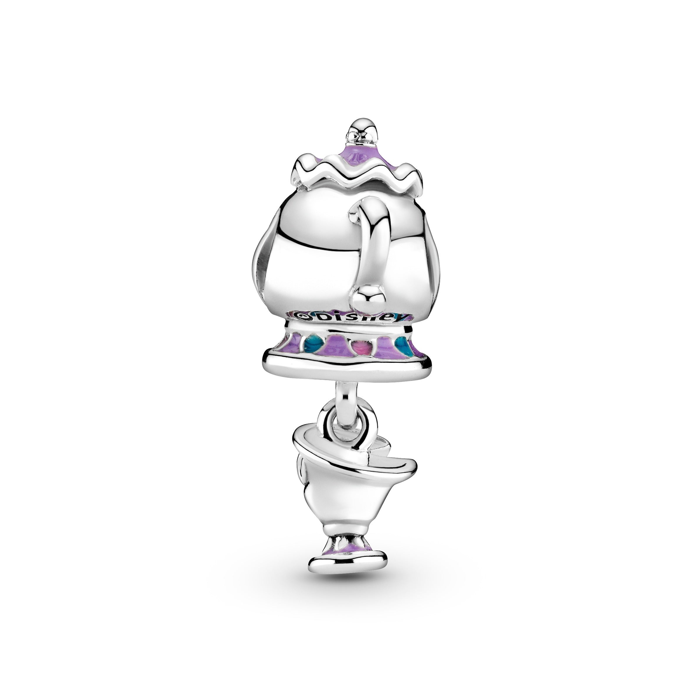 Disney Mrs. Potts And Chip Sterling Silver Charm With Purple, Pink, Blue And Black Enamel