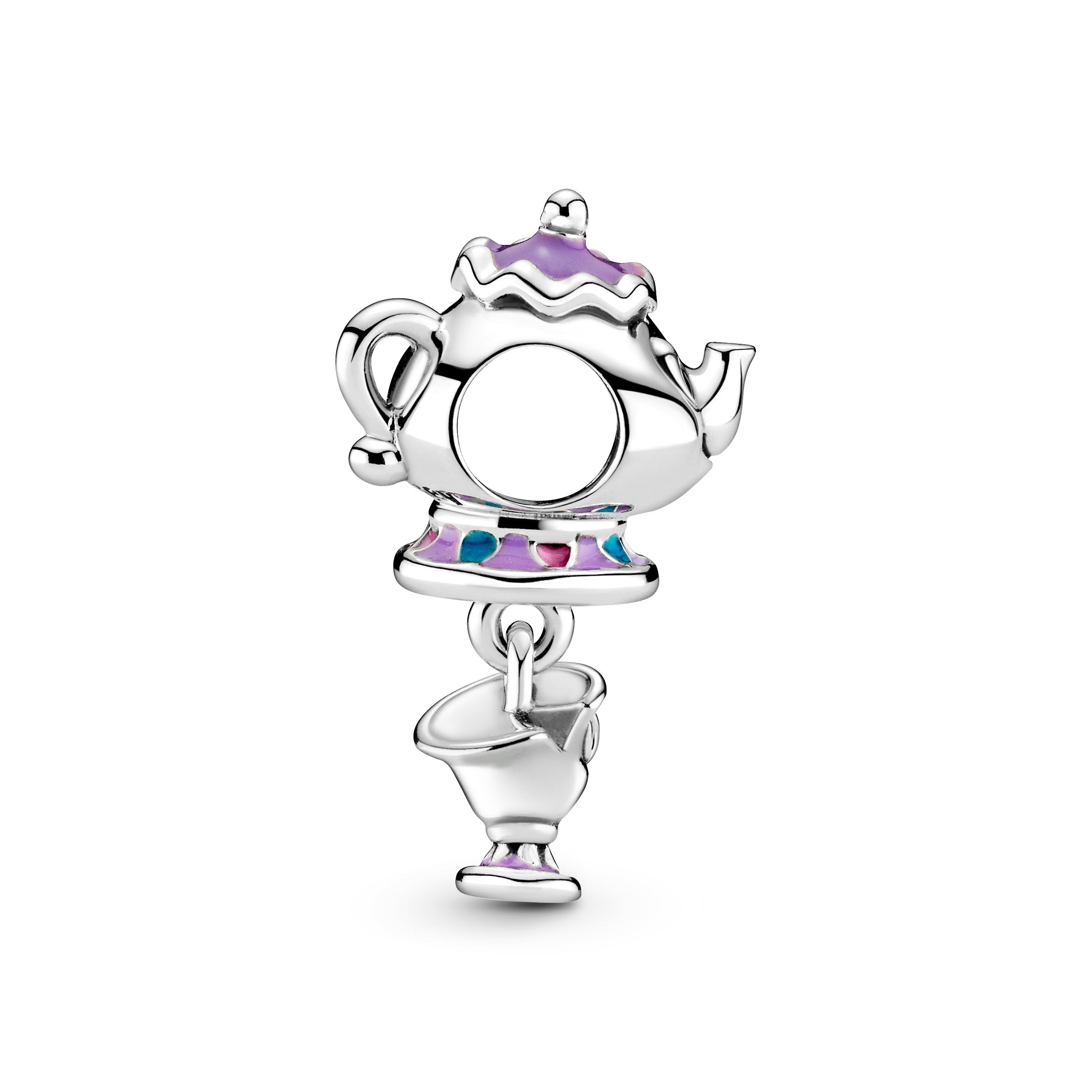 Disney Mrs. Potts And Chip Sterling Silver Charm With Purple, Pink, Blue And Black Enamel