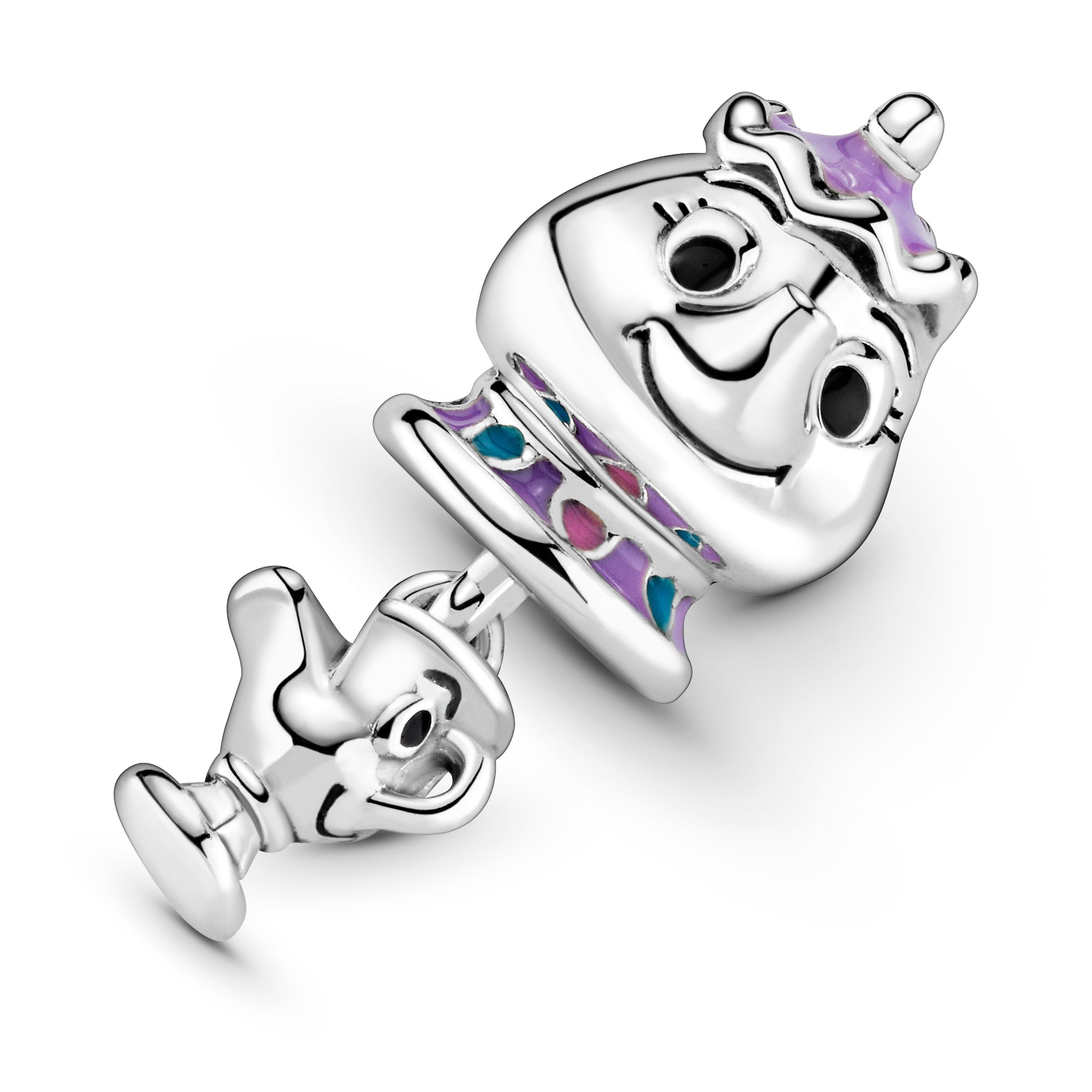 Disney Mrs. Potts And Chip Sterling Silver Charm With Purple, Pink, Blue And Black Enamel