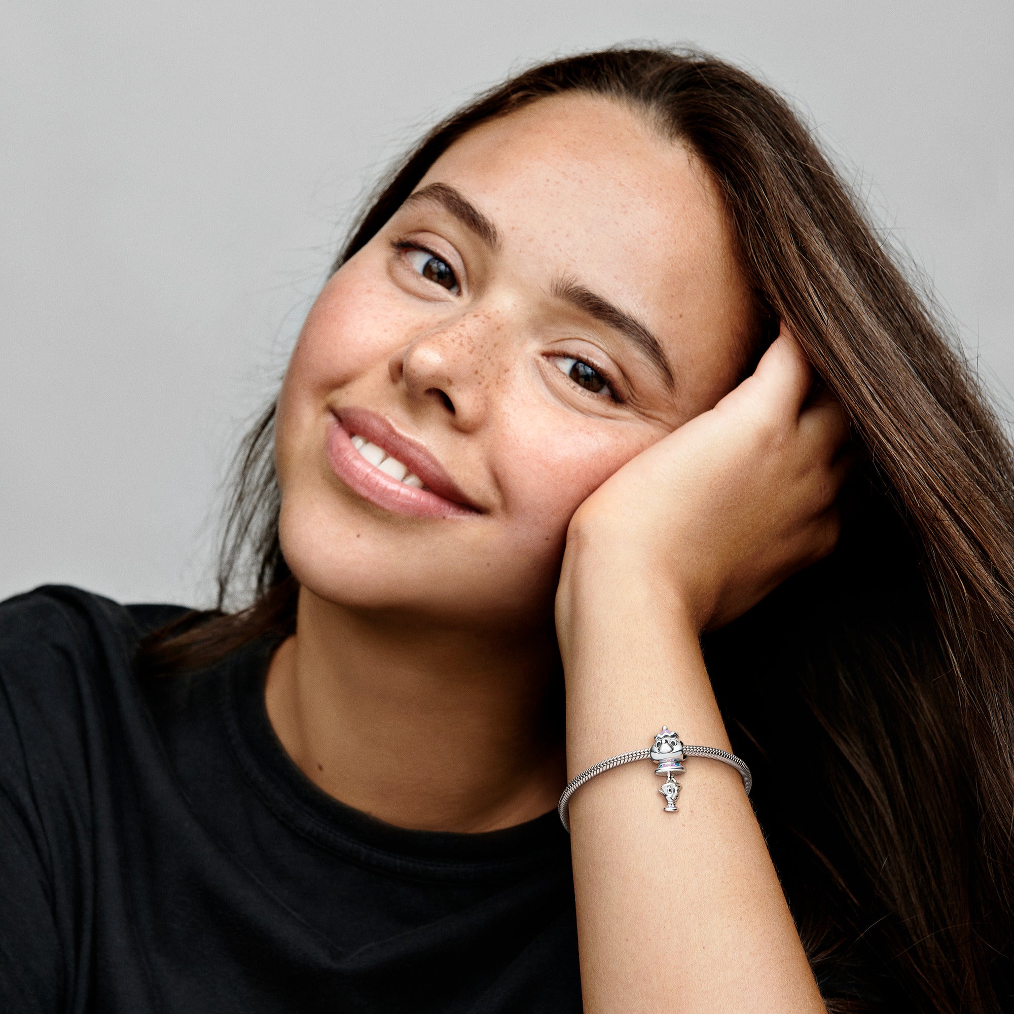 Disney Mrs. Potts And Chip Sterling Silver Charm With Purple, Pink, Blue And Black Enamel
