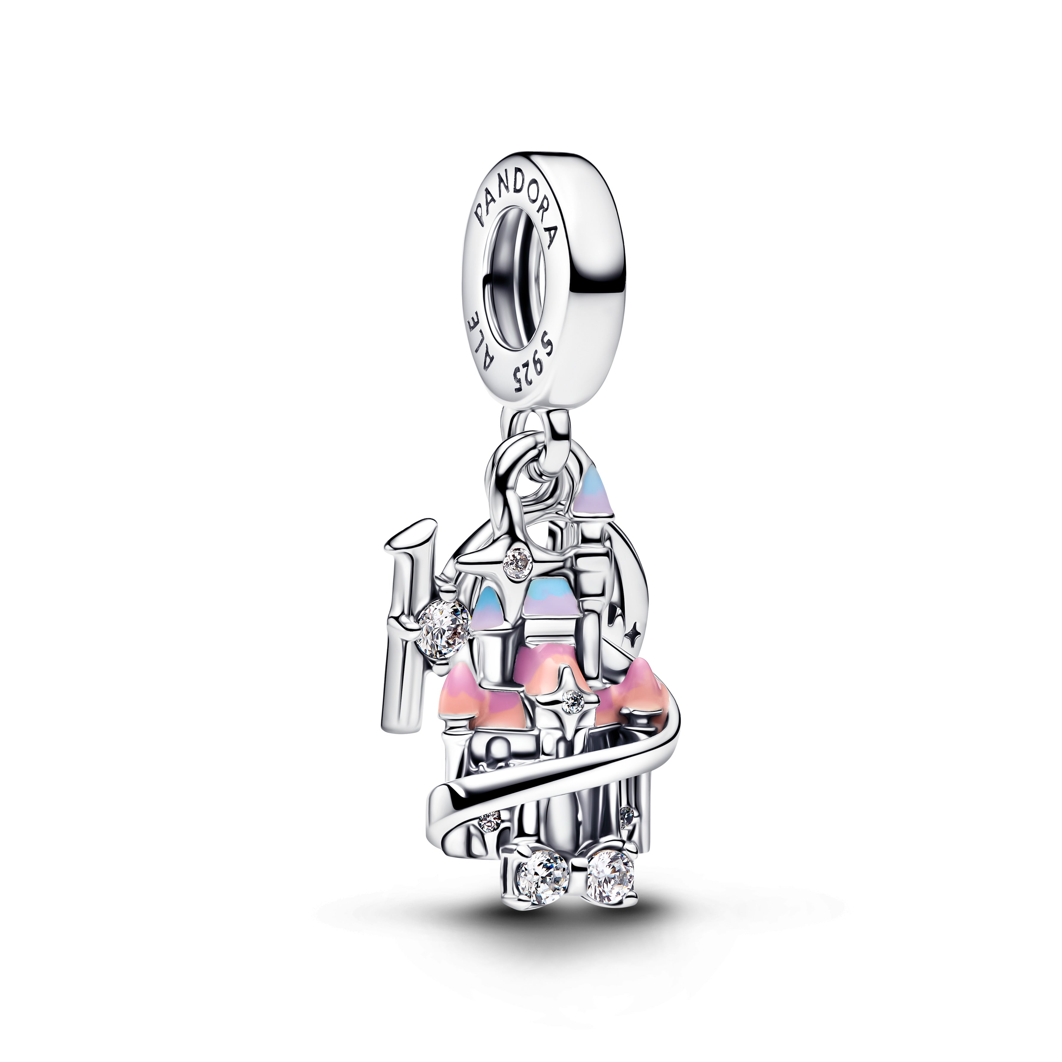 Disney Parks Shanghai Castle Sterling Silver Double Dangle With Clear Cubic Zirconia, Shaded Blue And Pink Enamel