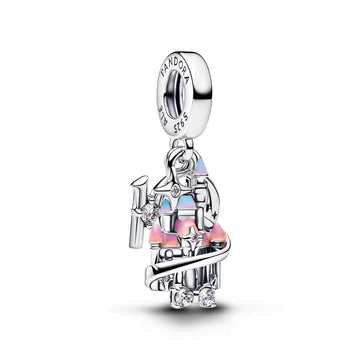 Disney Parks Shanghai Castle Sterling Silver Double Dangle With Clear Cubic Zirconia, Shaded Blue And Pink Enamel
