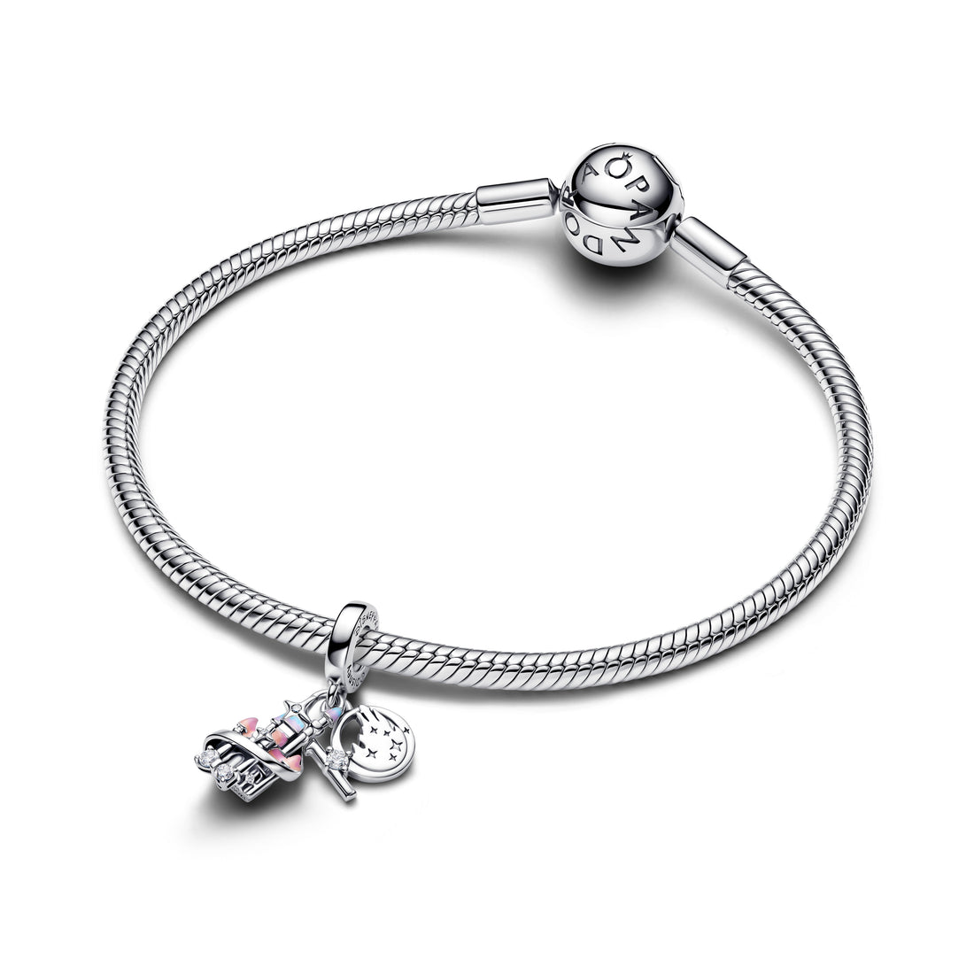 Disney Parks Shanghai Castle Sterling Silver Double Dangle With Clear Cubic Zirconia, Shaded Blue And Pink Enamel
