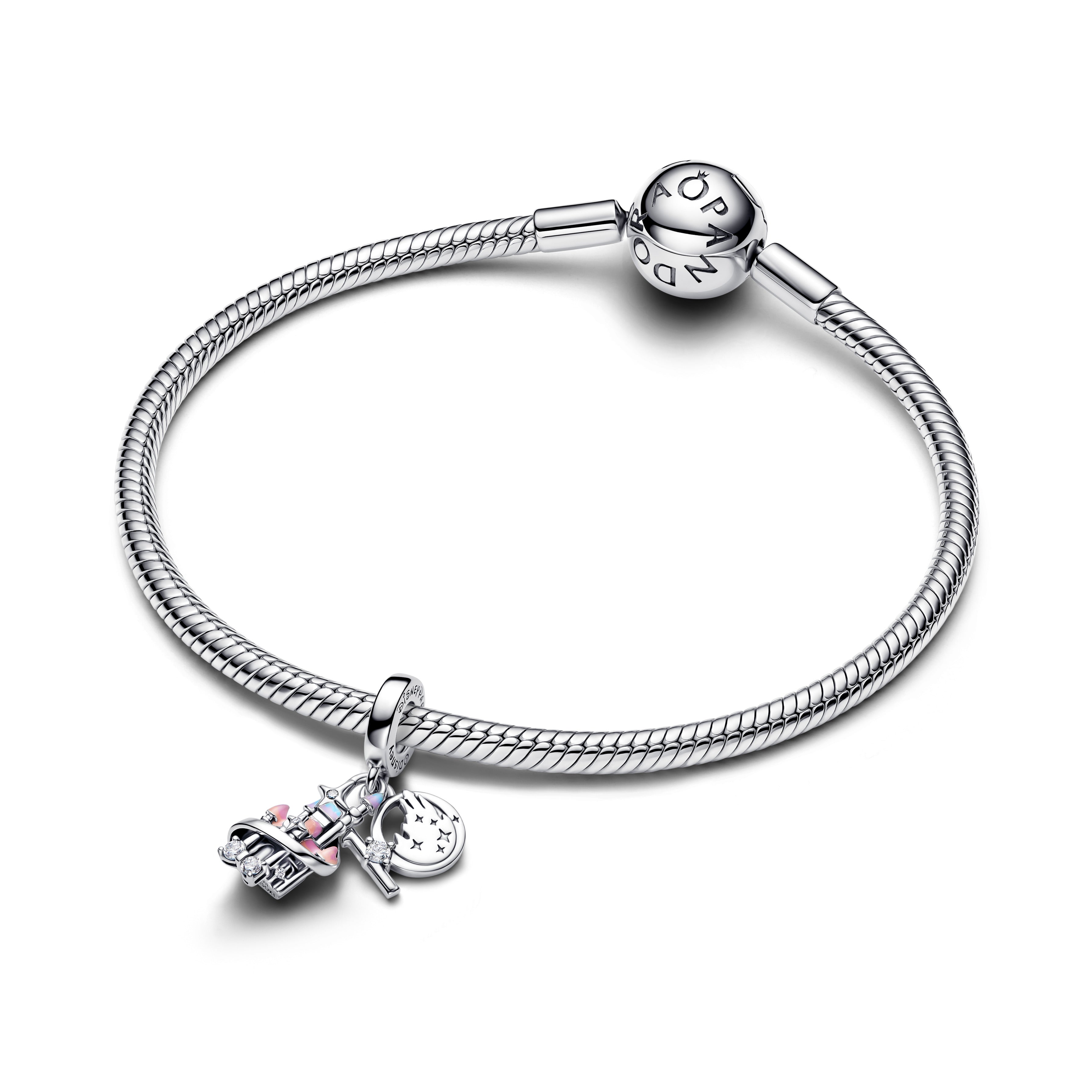 Disney Parks Shanghai Castle Sterling Silver Double Dangle With Clear Cubic Zirconia, Shaded Blue And Pink Enamel