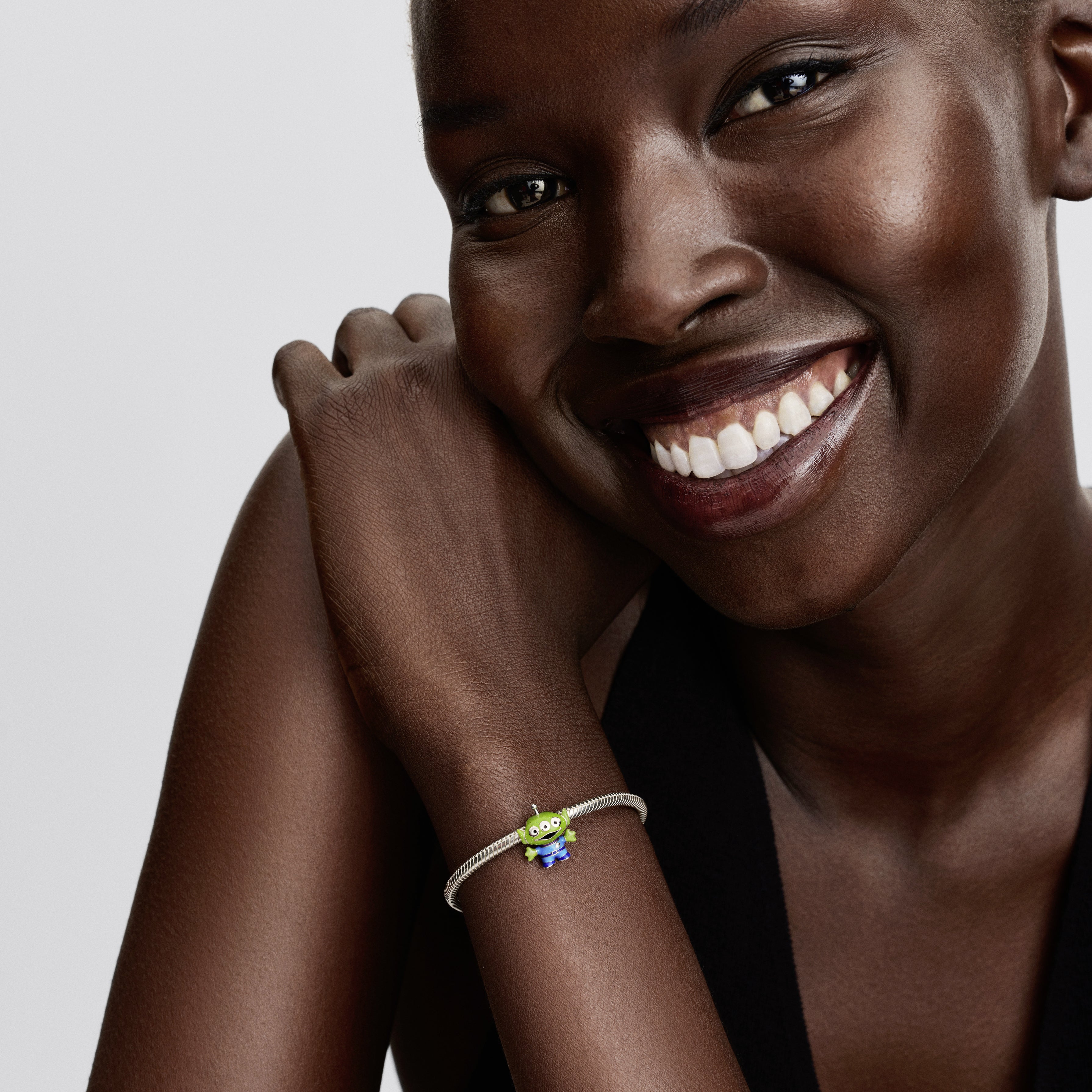 Disney Pixar Little Green Men Sterling Silver Charm With Black, Purple, Blue And Glittery Green Enamel