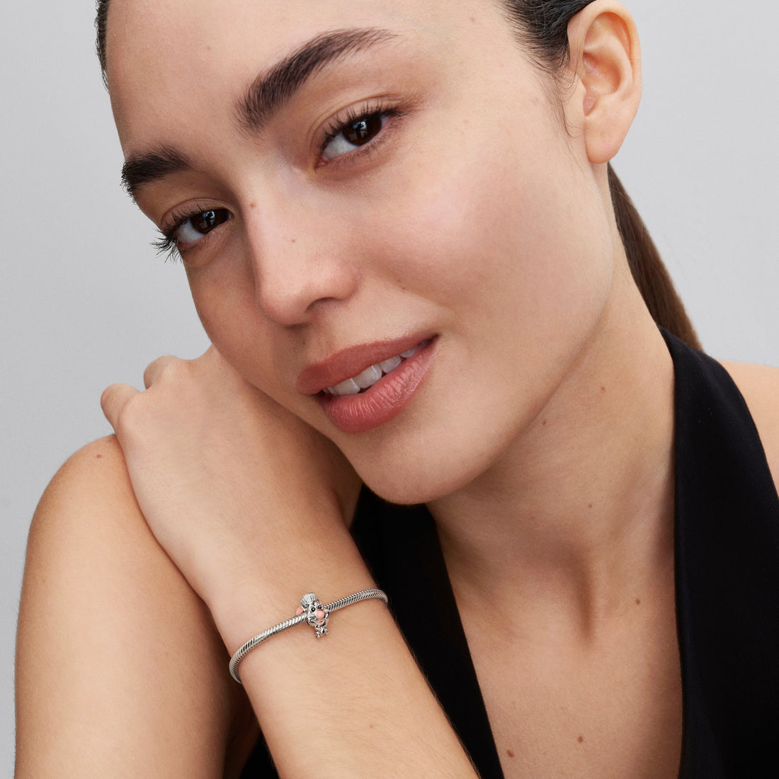 Disney Pixar Remy Sterling Silver Charm With Black, Pink And Glittery White Enamel