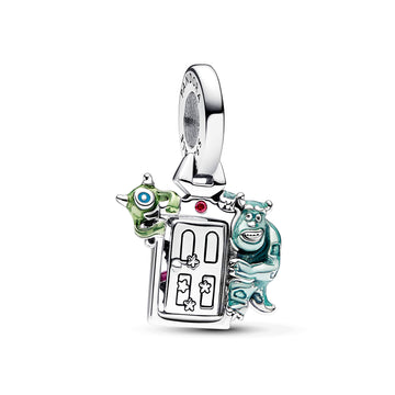Disney Pixar Openable Monsters Inc Door Sterling Silver Dangle With Red Cubic Zirconia And Green, Pink, Light Blue, Blue And Black Enamel