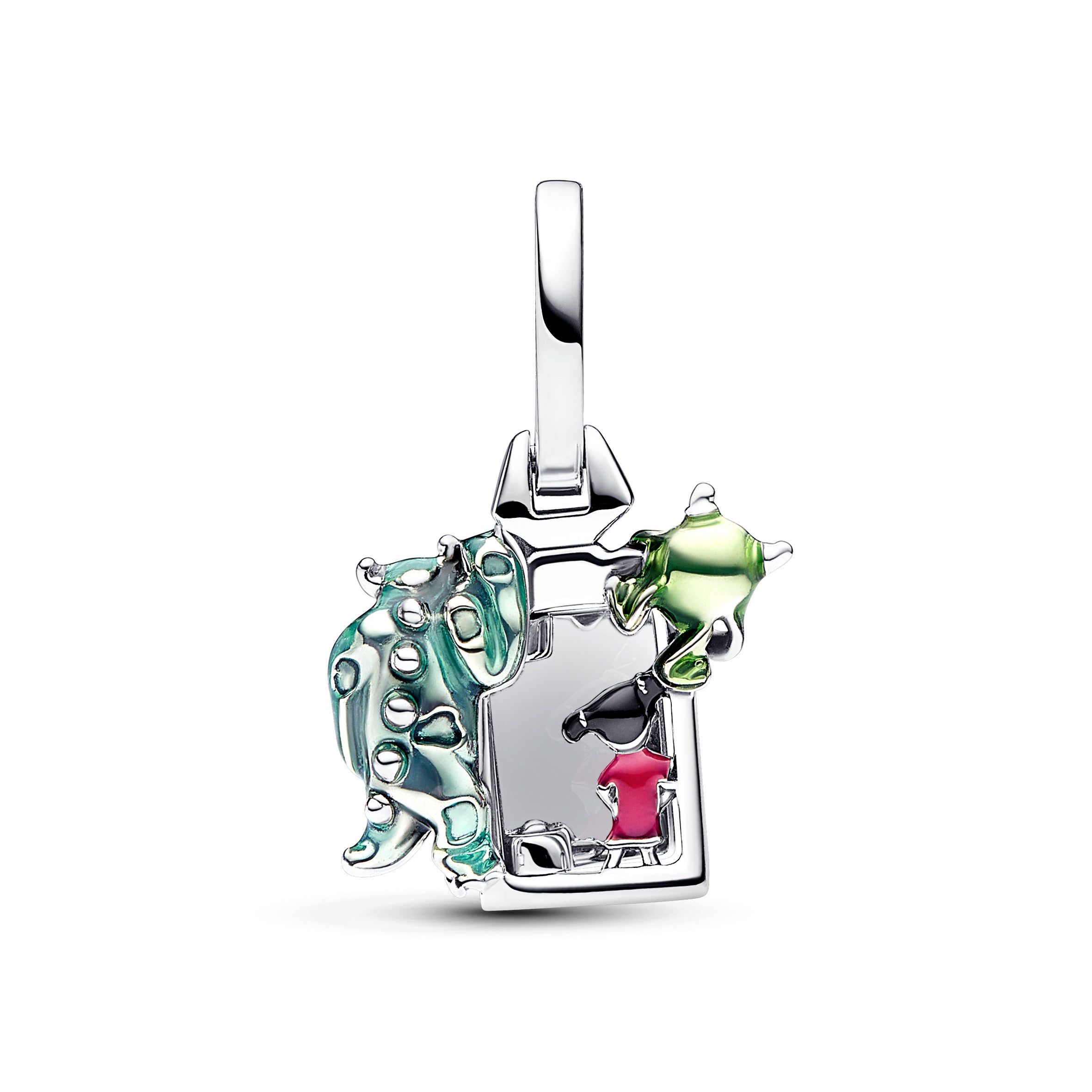 Disney Pixar Openable Monsters Inc Door Sterling Silver Dangle With Red Cubic Zirconia And Green, Pink, Light Blue, Blue And Black Enamel