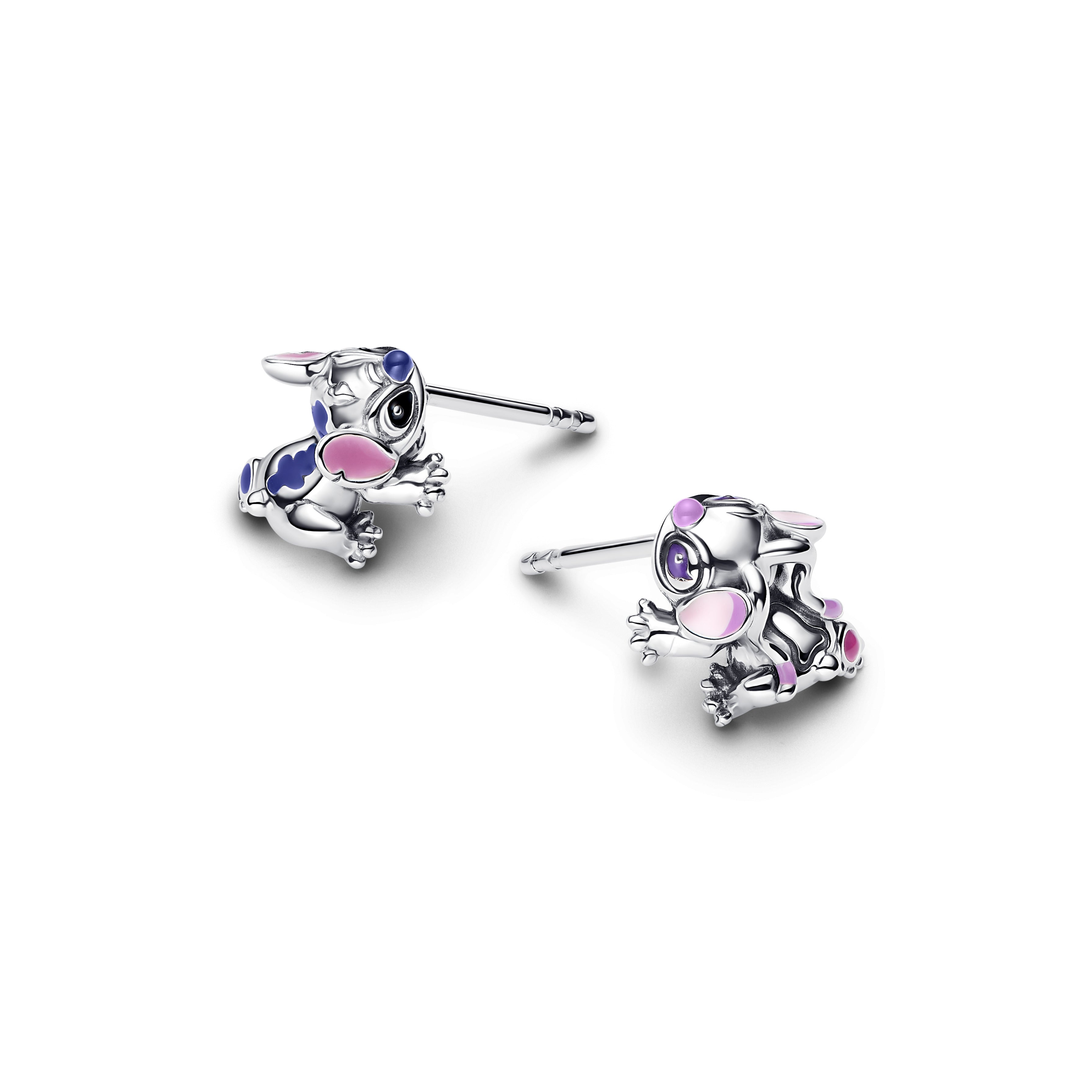 Disney Stitch And Angel Sterling Silver Stud Earrings With Purple, Blue, Black And Pink Enamel