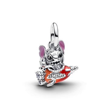 Disney Stitch Rocket Sterling Silver Double Dangle With Clear Cubic Zirconia, Purple, Black, Red And Orange Enamel