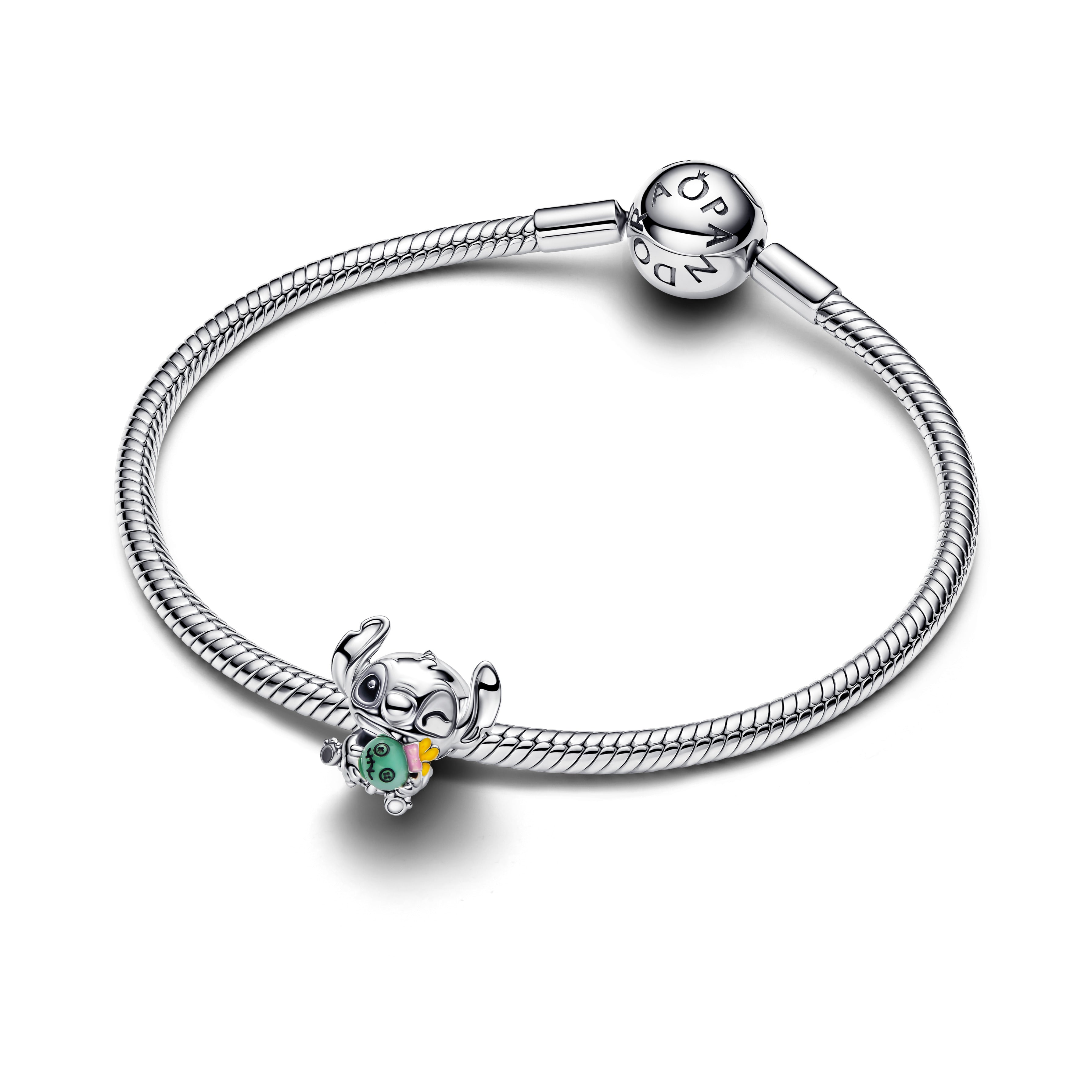Disney Stitch Sterling Silver Charm With Green Murano Glass, Black, Pink And Yellow Enamel