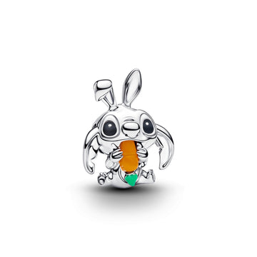 Disney Stitch Sterling Silver Charm With Orange Imitation Quartz, Black And Green Enamel