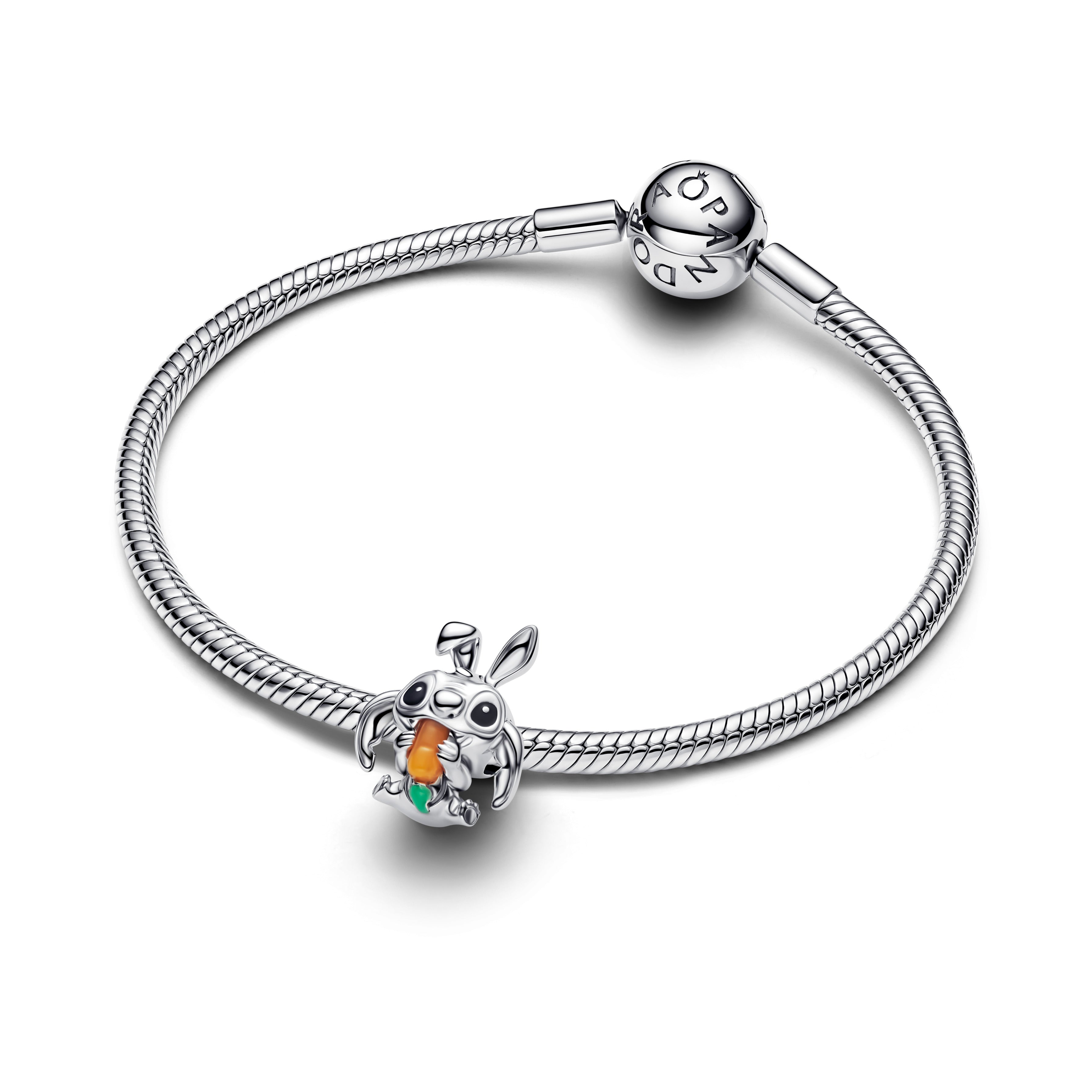 Disney Stitch Sterling Silver Charm With Orange Imitation Quartz, Black And Green Enamel