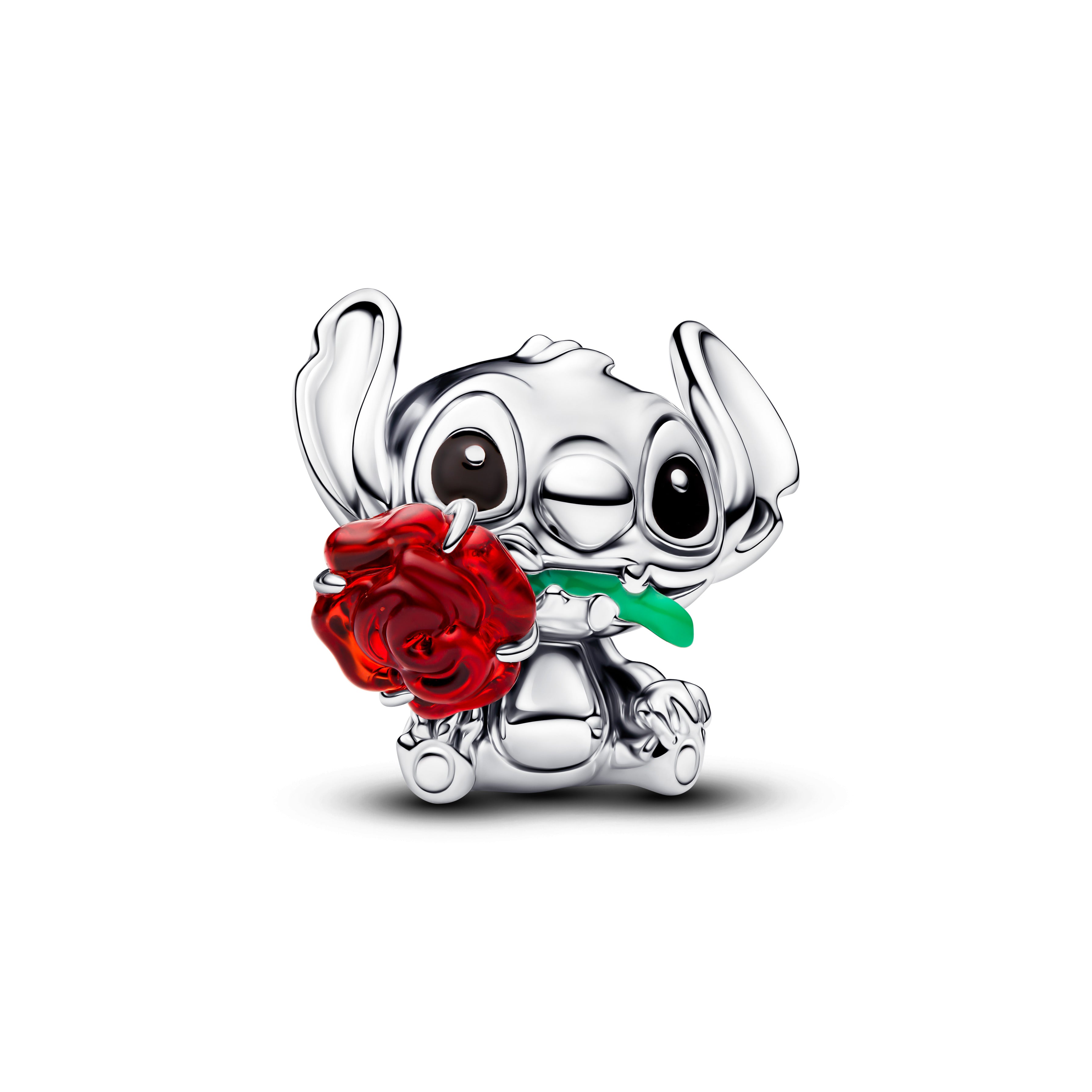 Disney Stitch Sterling Silver Charm With Red Murano Glass, Black And Green Enamel