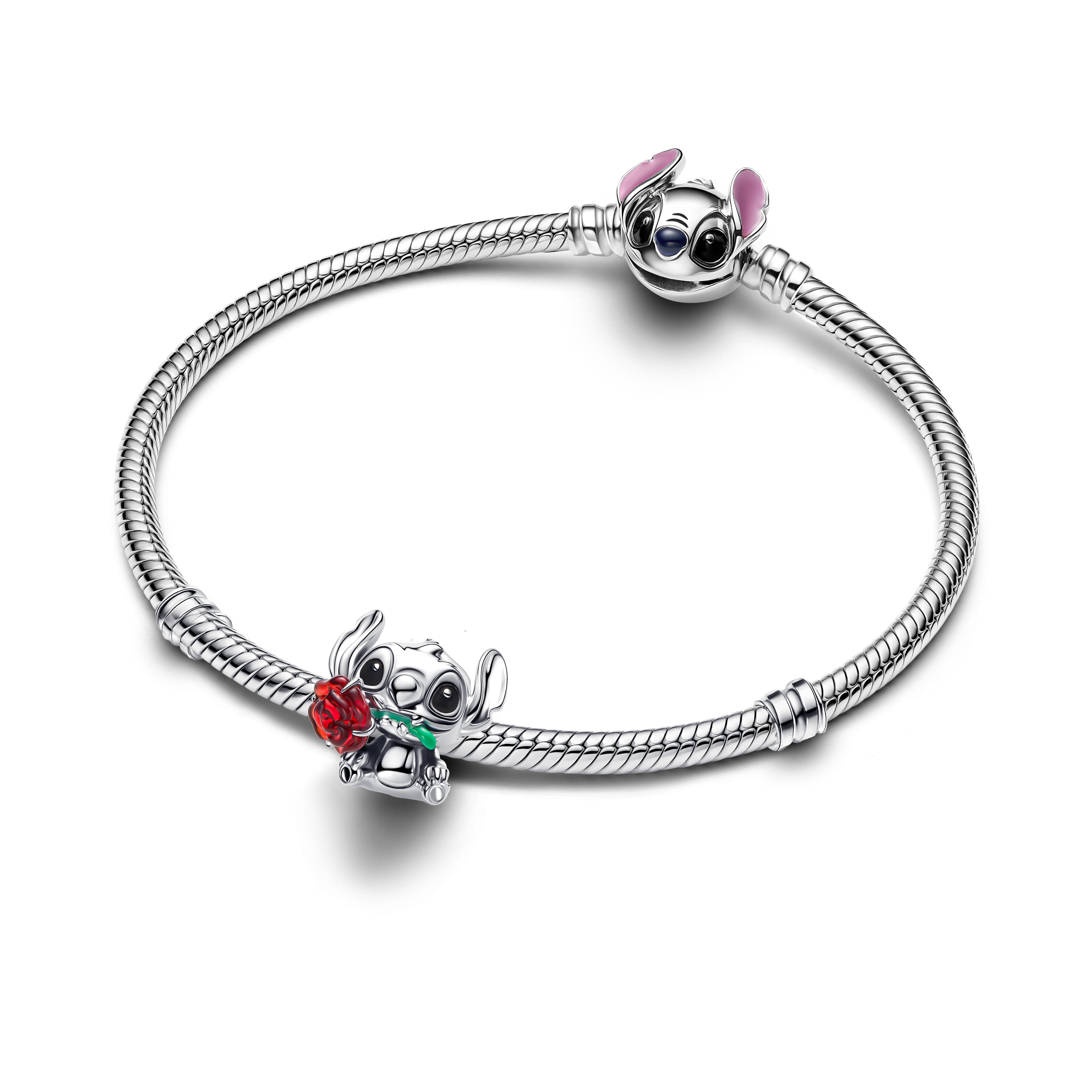 Disney Stitch Sterling Silver Charm With Red Murano Glass, Black And Green Enamel