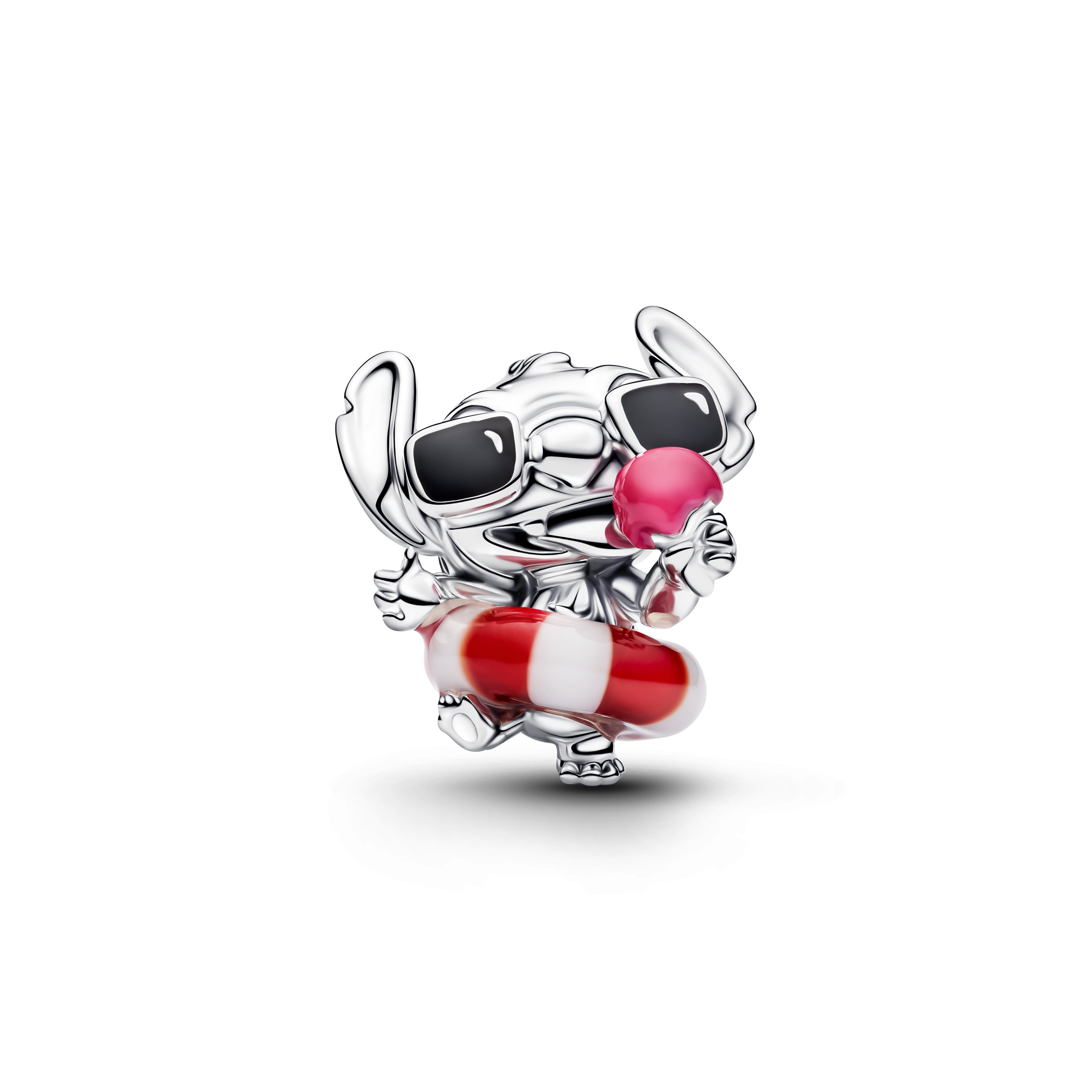 Disney Stitch Sterling Silver Charm With White And Red Murano Glass, Black And Pink Enamel