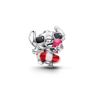 Disney Stitch Sterling Silver Charm With White And Red Murano Glass, Black And Pink Enamel