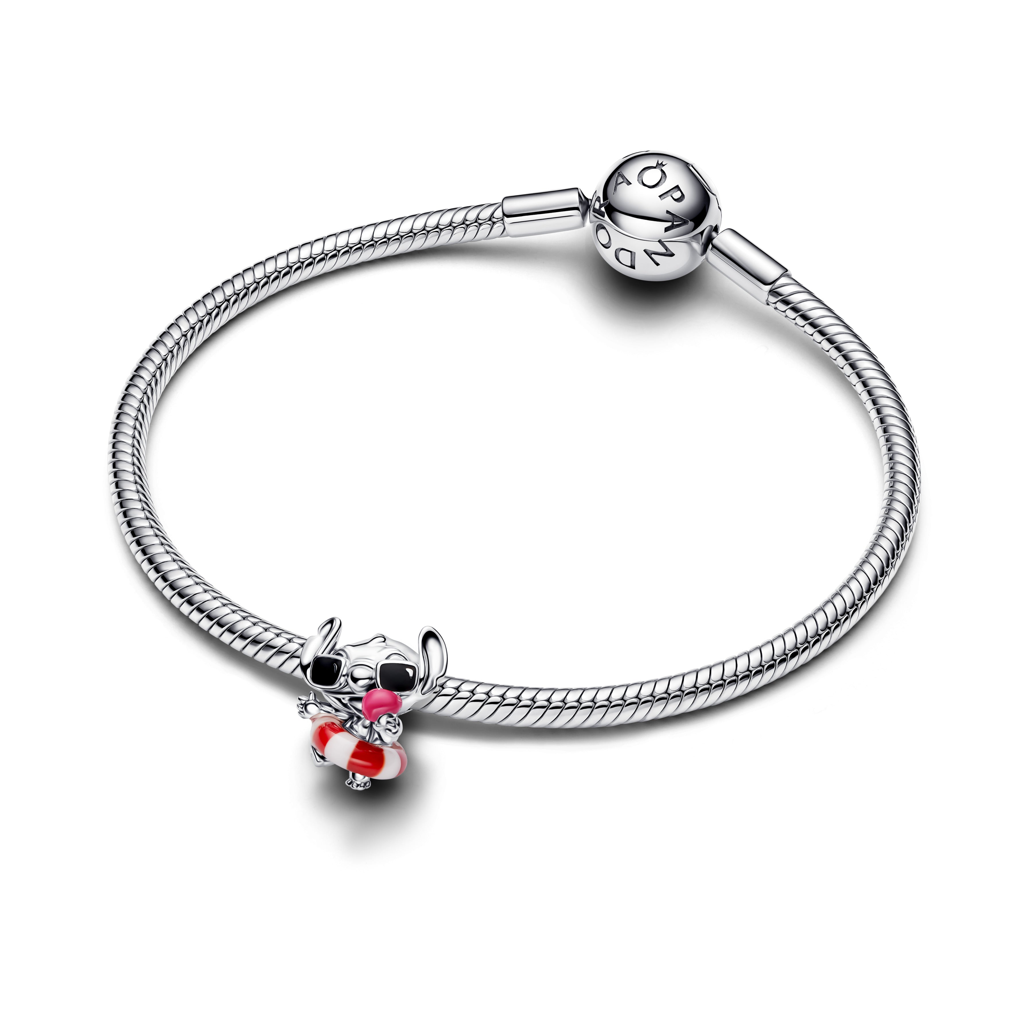 Disney Stitch Sterling Silver Charm With White And Red Murano Glass, Black And Pink Enamel