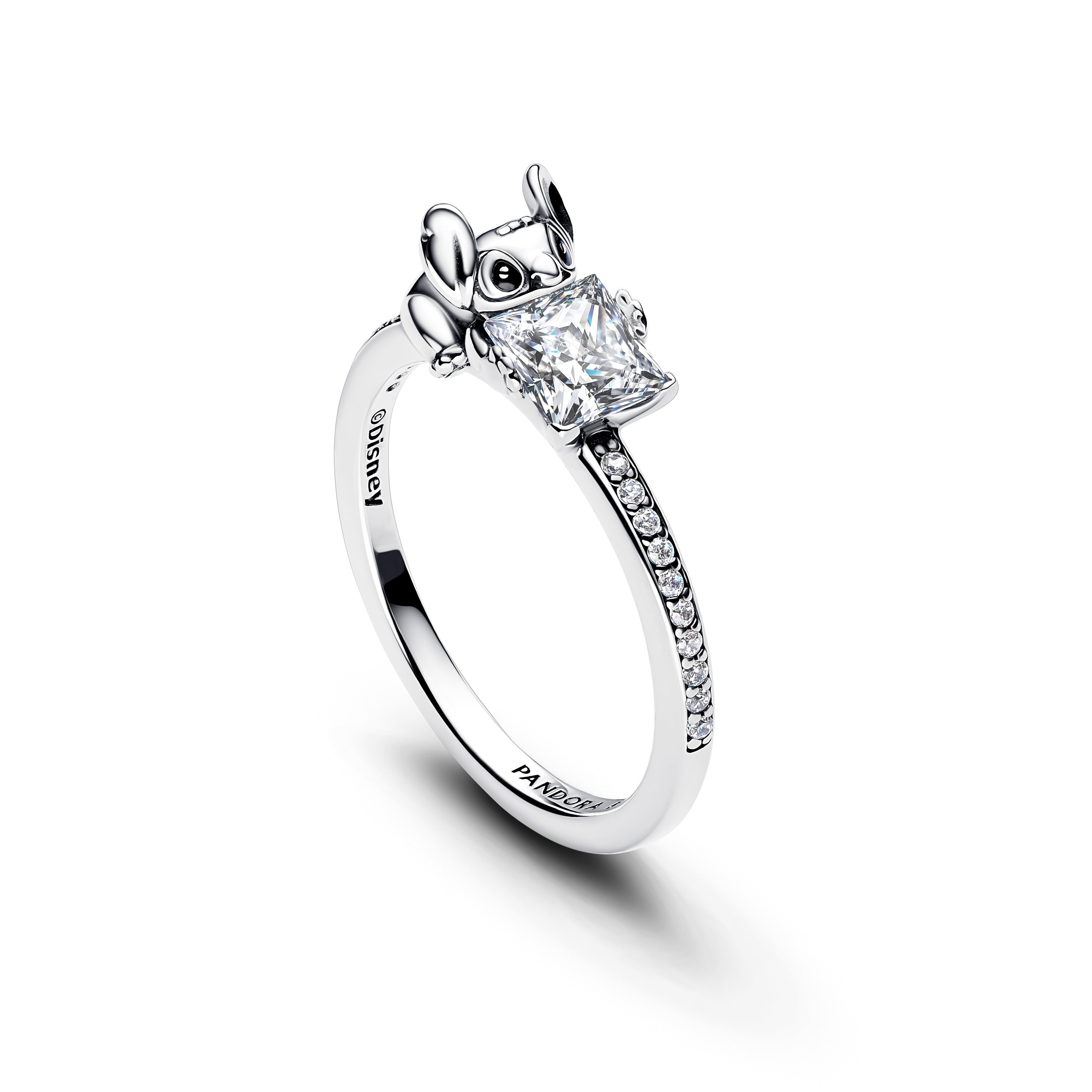 Disney Stitch Sterling Silver Ring With Clear Cubic Zirconia And Black Enamel