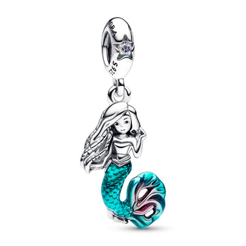 Disney The Little Mermaid Ariel Sterling Silver Dangle With Auro Borealis Clear Cubic Zirconia, Transparent Teal And Cerise Enamel