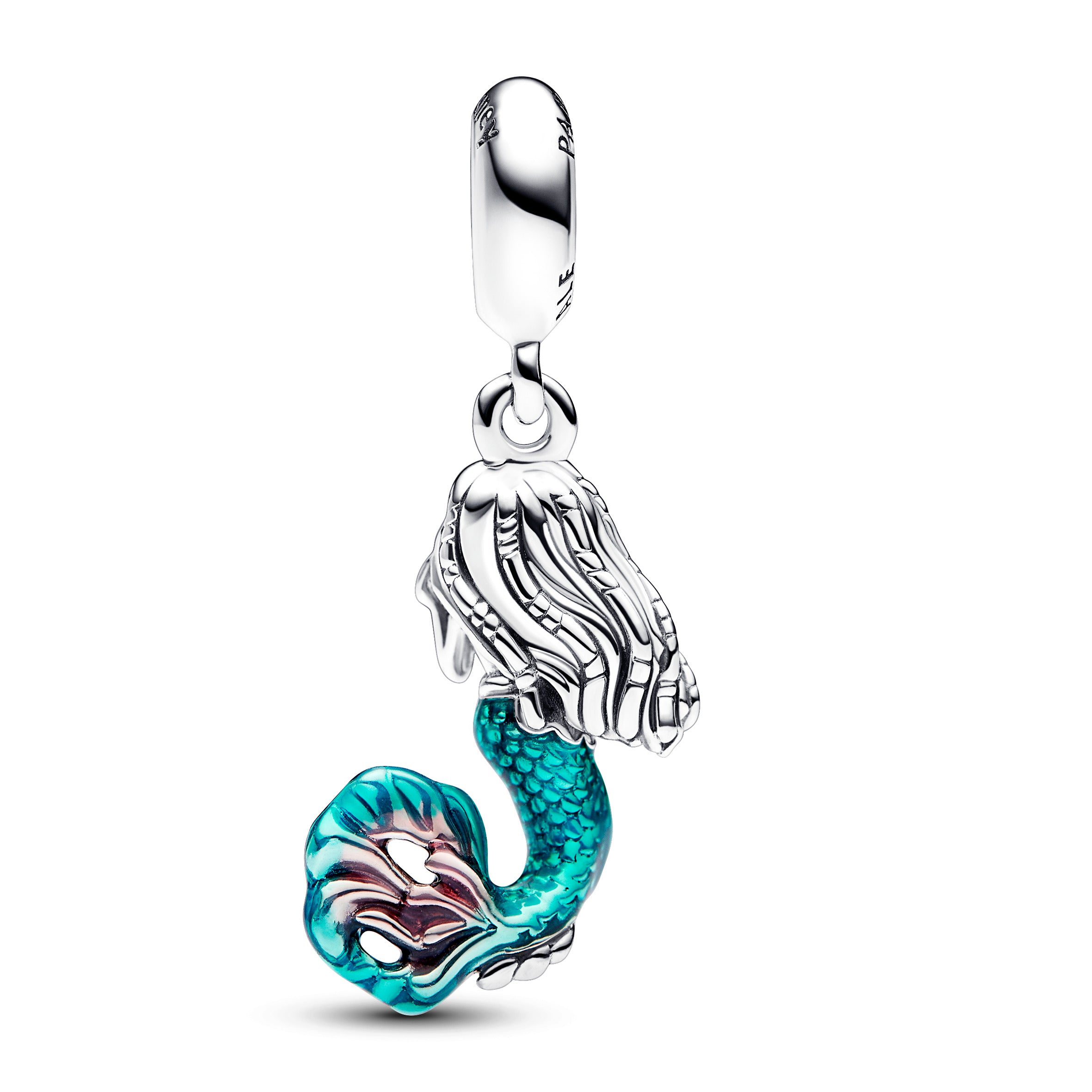 Disney The Little Mermaid Ariel Sterling Silver Dangle With Auro Borealis Clear Cubic Zirconia, Transparent Teal And Cerise Enamel