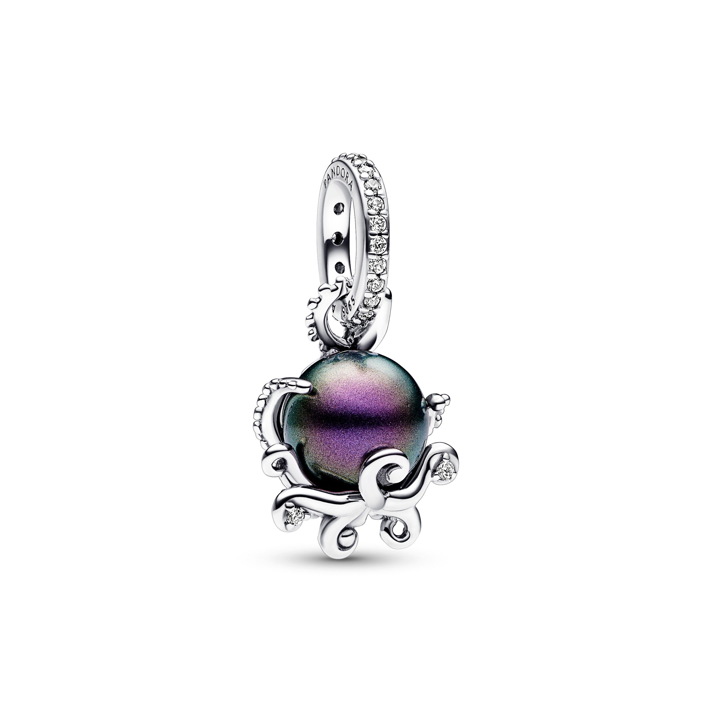 Disney The Little Mermaid Octupus Sterling Silver Dangle With Purple Lacquered Artificial Pearl And Clear Cubic Zirconia