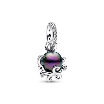Disney The Little Mermaid Octupus Sterling Silver Dangle With Purple Lacquered Artificial Pearl And Clear Cubic Zirconia