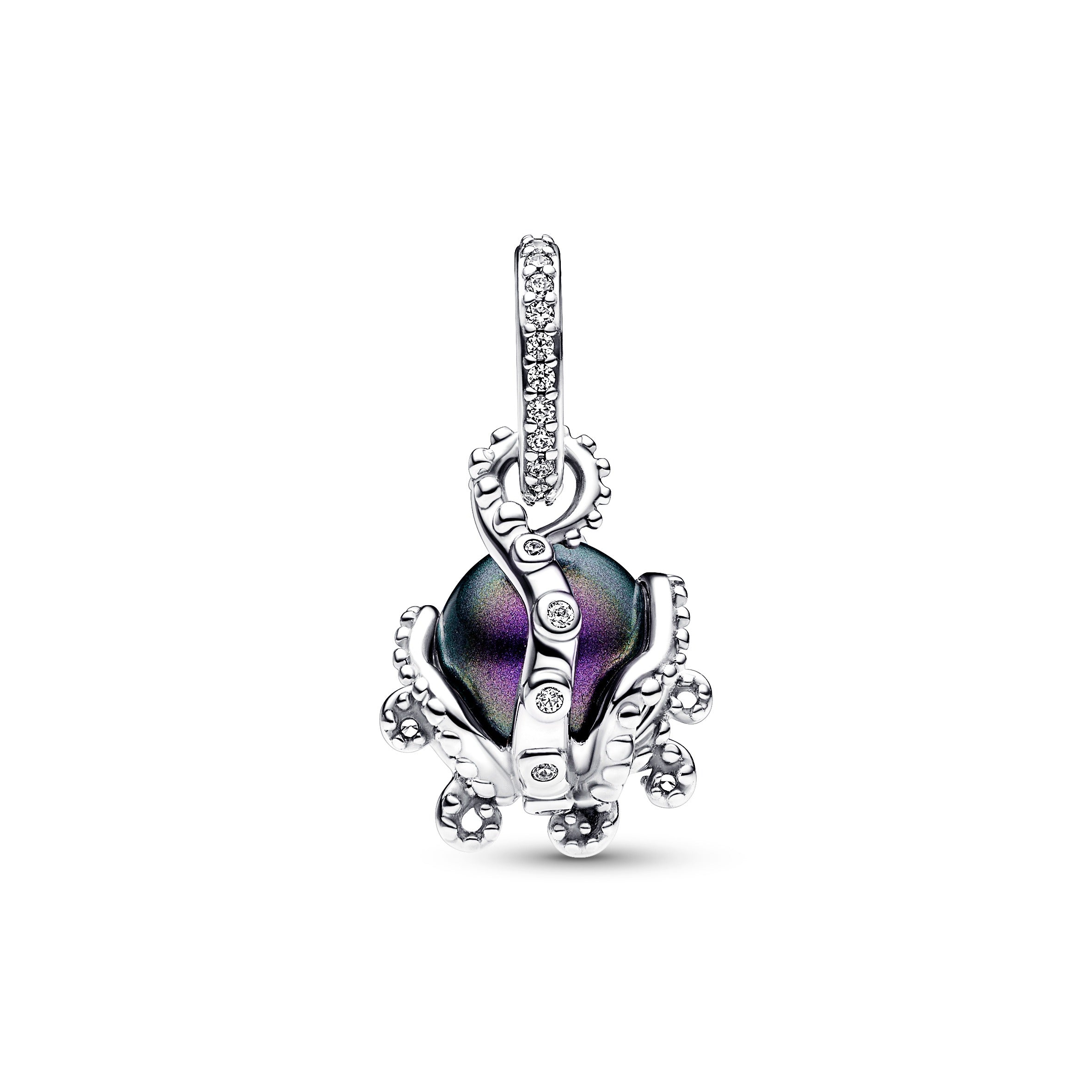 Disney The Little Mermaid Octupus Sterling Silver Dangle With Purple Lacquered Artificial Pearl And Clear Cubic Zirconia