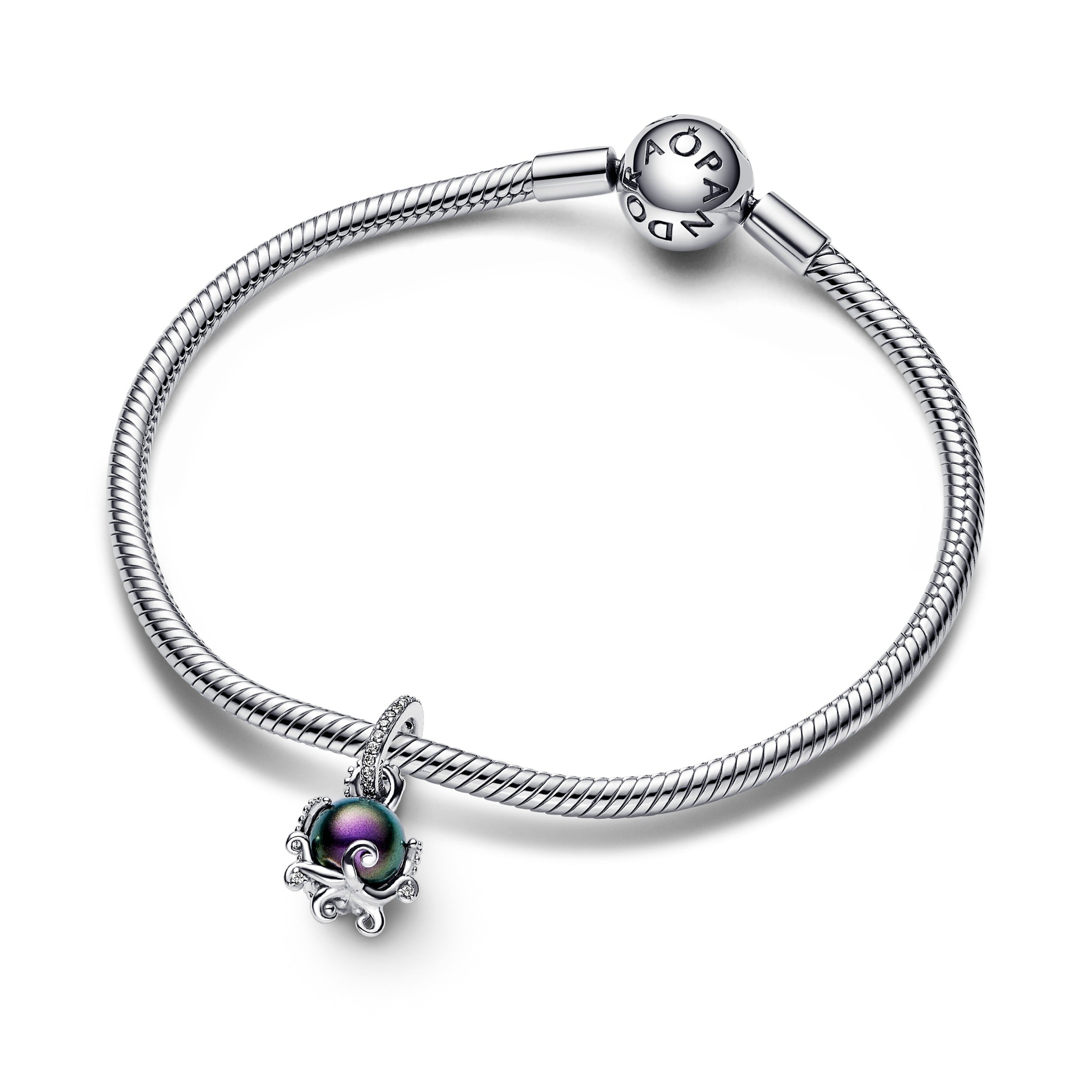 Disney The Little Mermaid Octupus Sterling Silver Dangle With Purple Lacquered Artificial Pearl And Clear Cubic Zirconia