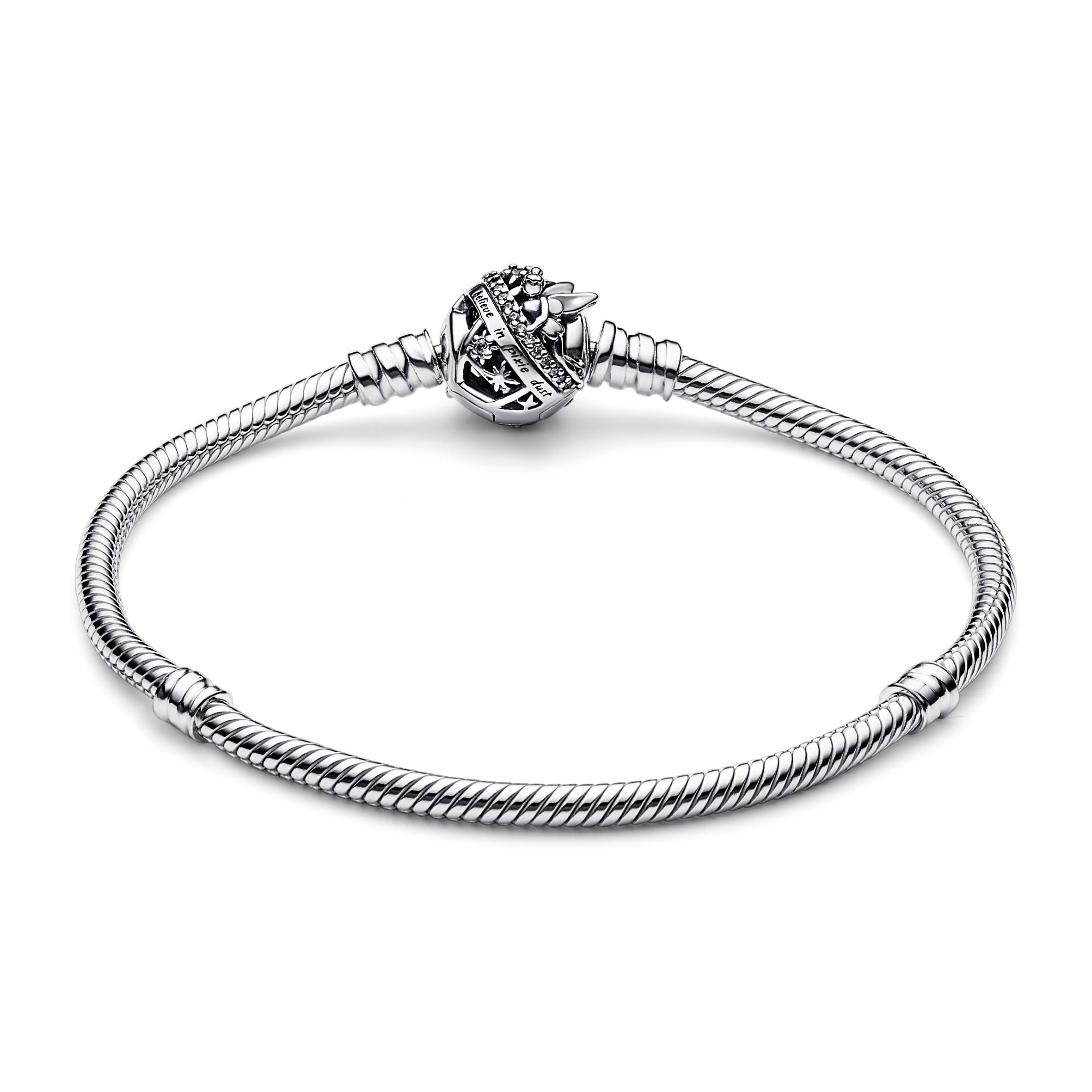 Disney Tinkerbell Snake Chain Sterling Silver Bracelet With Clear Cubic Zirconia
