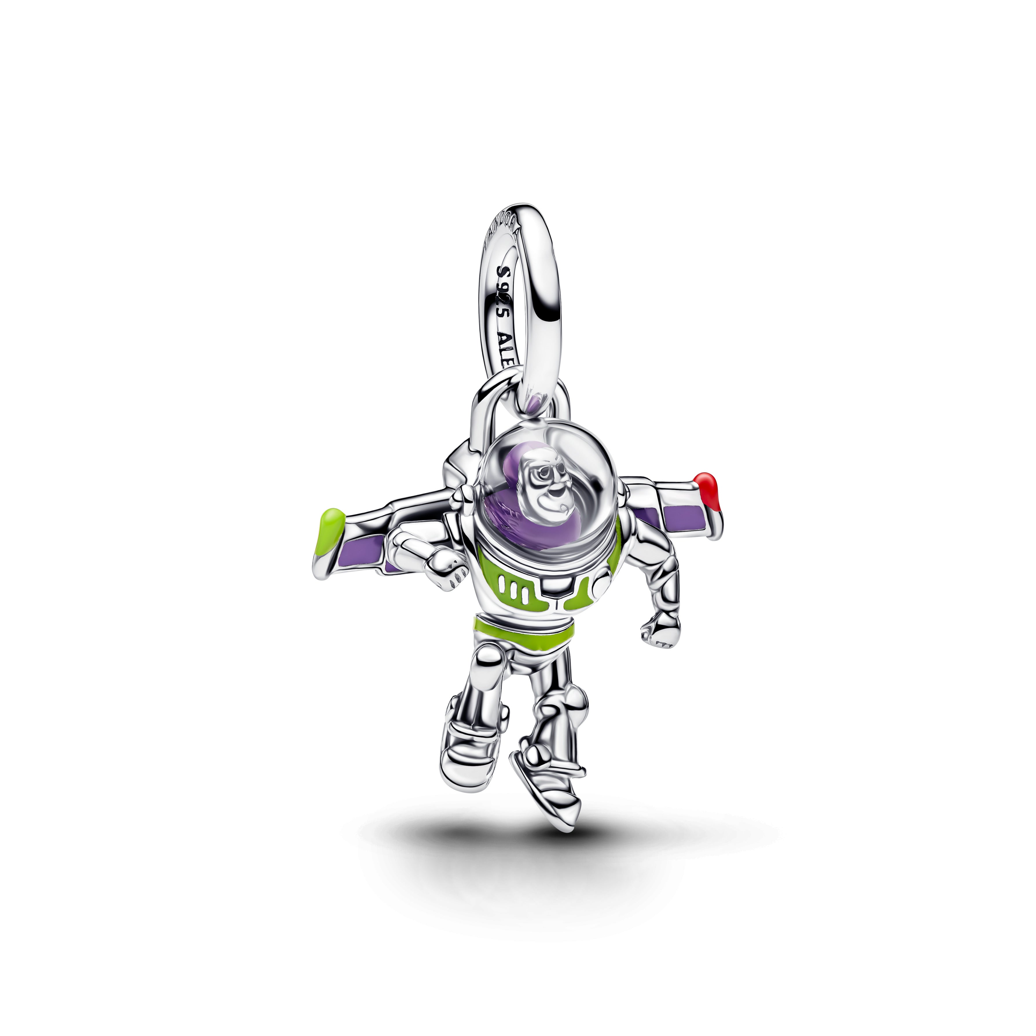 Disney Toy Story Buzz Lightyear Sterling Silver Dangle With Red, Purple, Green Enamel And Transparent Uv Resin