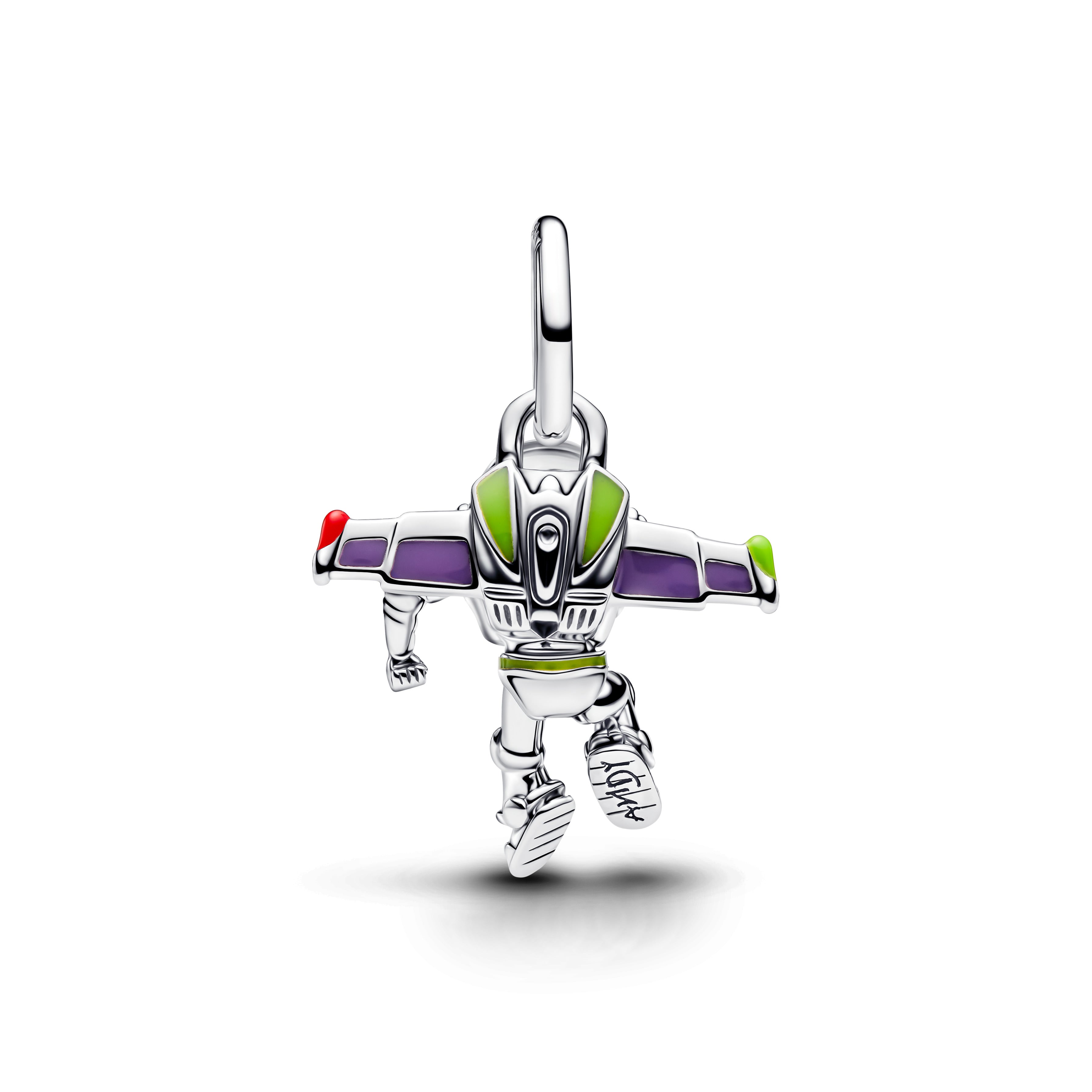 Disney Toy Story Buzz Lightyear Sterling Silver Dangle With Red, Purple, Green Enamel And Transparent Uv Resin