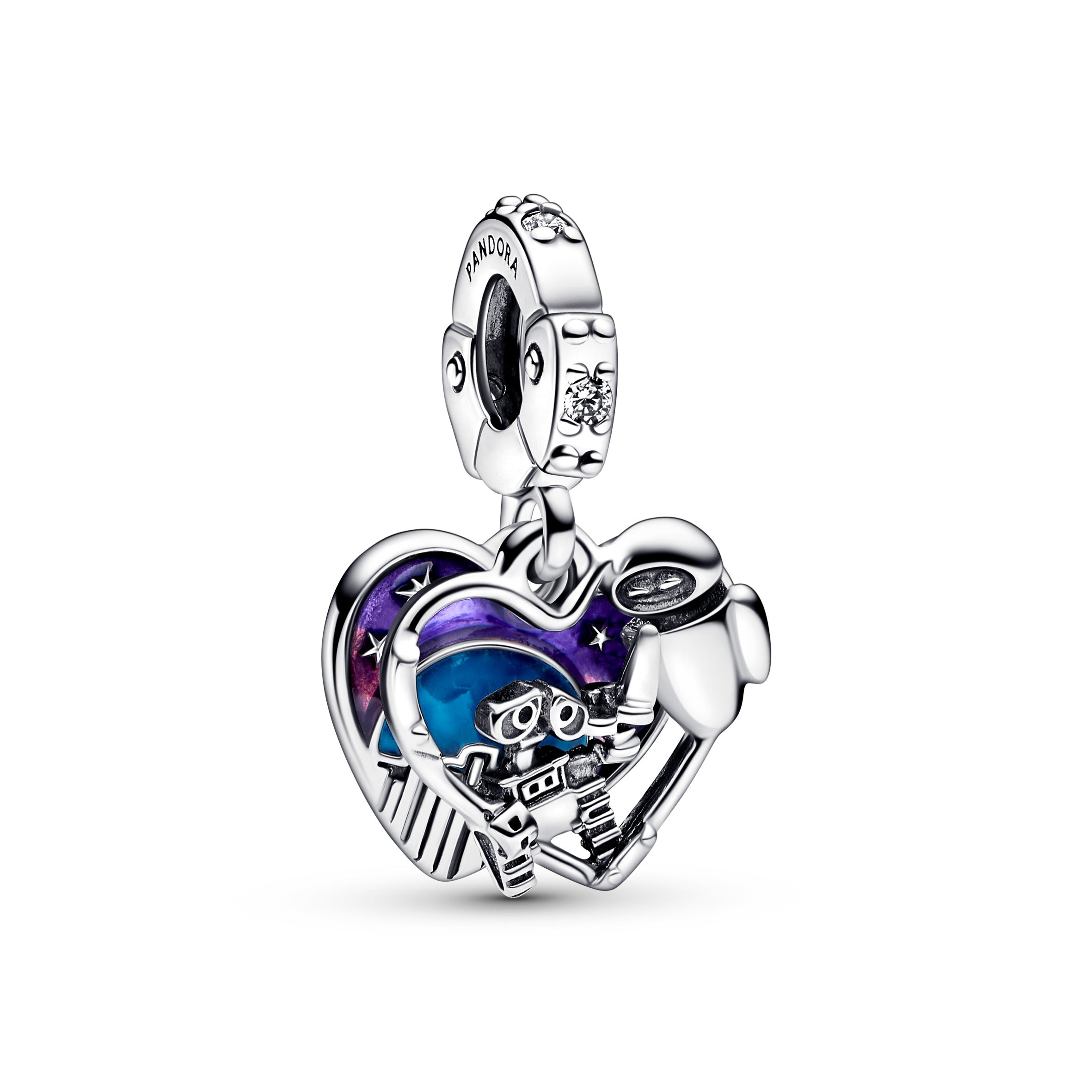 Disney Wall-E And Eve Heart Sterling Silver Double Dangle With Clear Cubic Zirconia, Shaded Purple To Pink And Blue Glow In The Dark Enamel