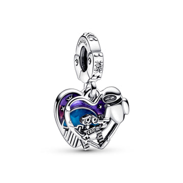 Disney Wall-E And Eve Heart Sterling Silver Double Dangle With Clear Cubic Zirconia, Shaded Purple To Pink And Blue Glow In The Dark Enamel