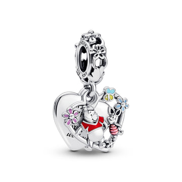 Disney Winnie The Pooh Sterling Silver Double Heart Dangle With Yellow, Red, Transparent Cerise, Pink And Blue Enamel