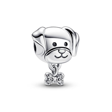 Dog Sterling Silver Charm With Clear Cubic Zirconia