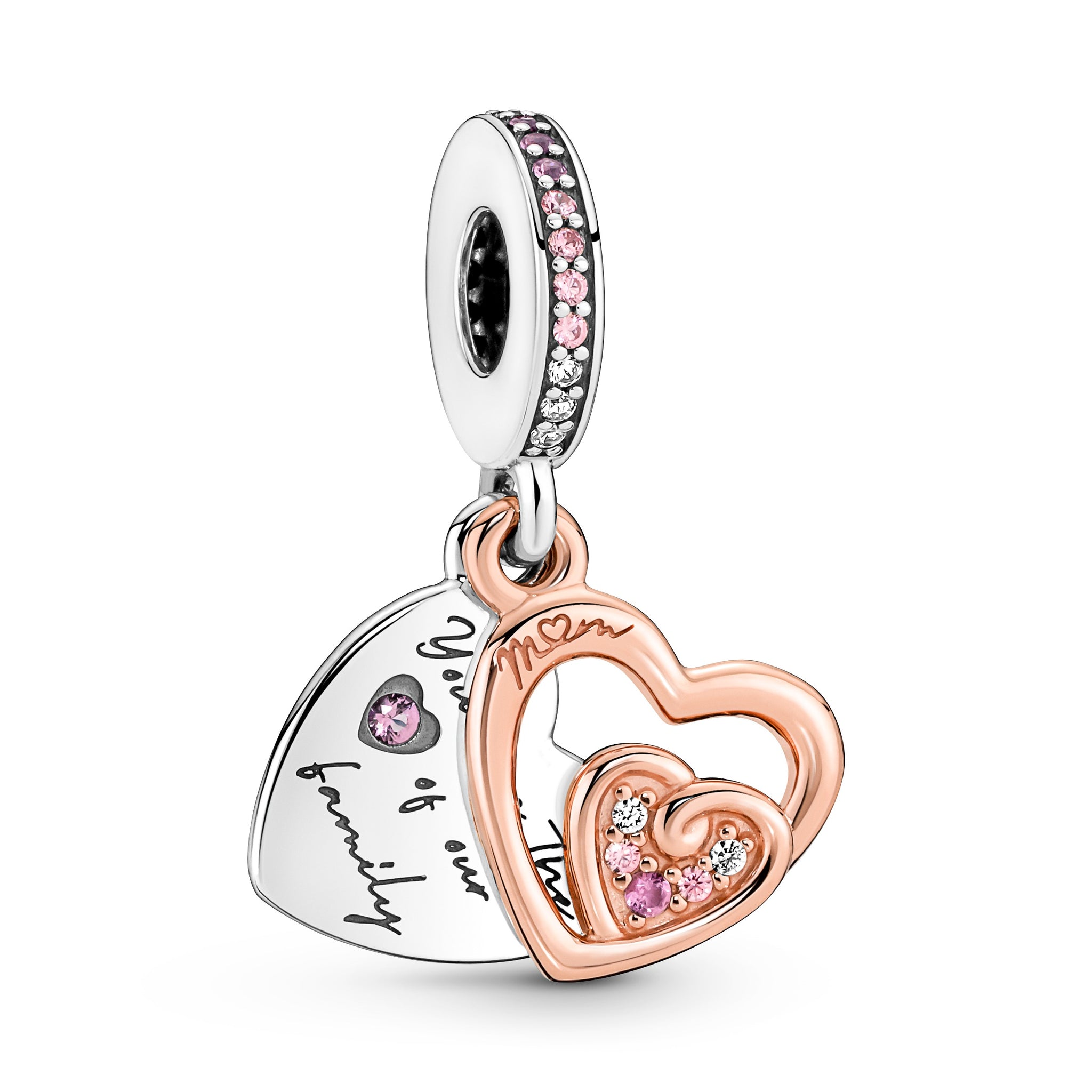 Double Heart Sterling Silver And 14K Rose Gold-Plated Dangle With Clear And Fancy Fairy Tale Pink Cubic Zirconia, Phlox Pink Crystal