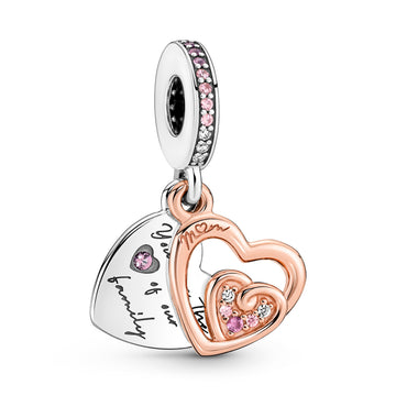 Double Heart Sterling Silver And 14K Rose Gold-Plated Dangle With Clear And Fancy Fairy Tale Pink Cubic Zirconia, Phlox Pink Crystal