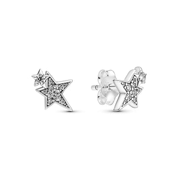 Double Star Sterling Silver Stud Earrings With Clear Cubic Zirconia