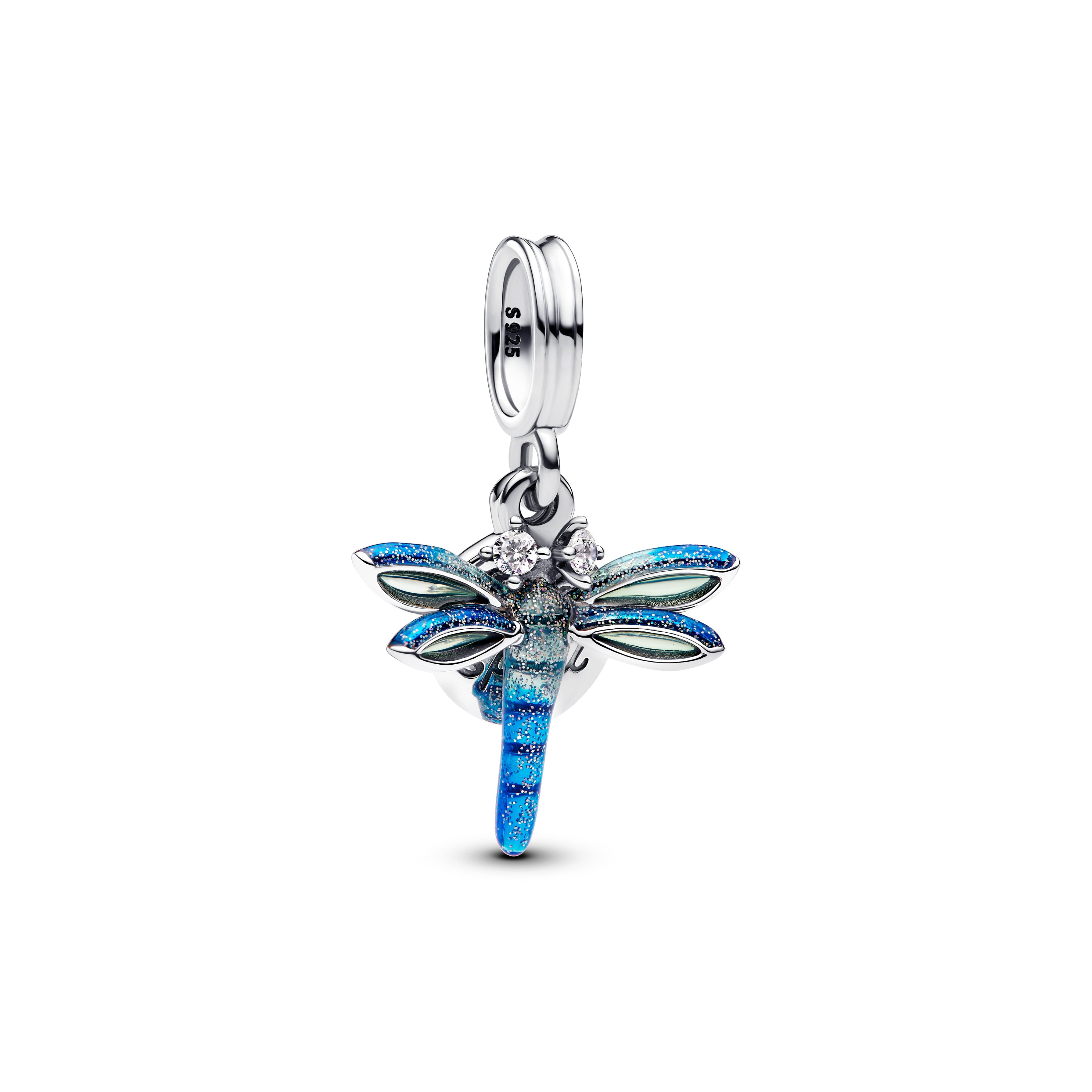 Dragonfly Sterling Silver Double Dangle With Clear Cubic Zirconia And Glittery Blue Enamel