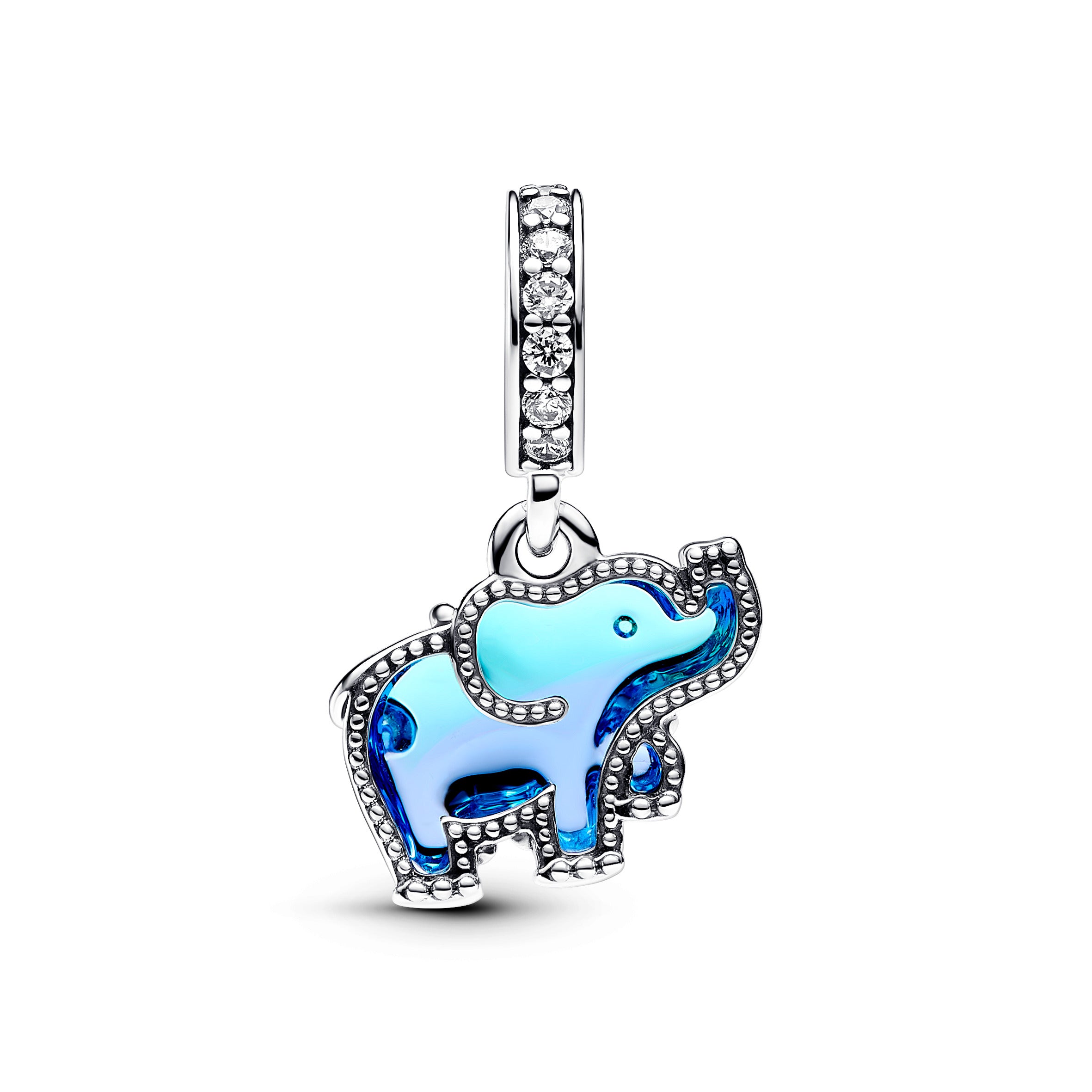 Elephant Sterling Silver Dangle With Clear Cubic Zirconia And Gradient Blue And Purple Murano Glass