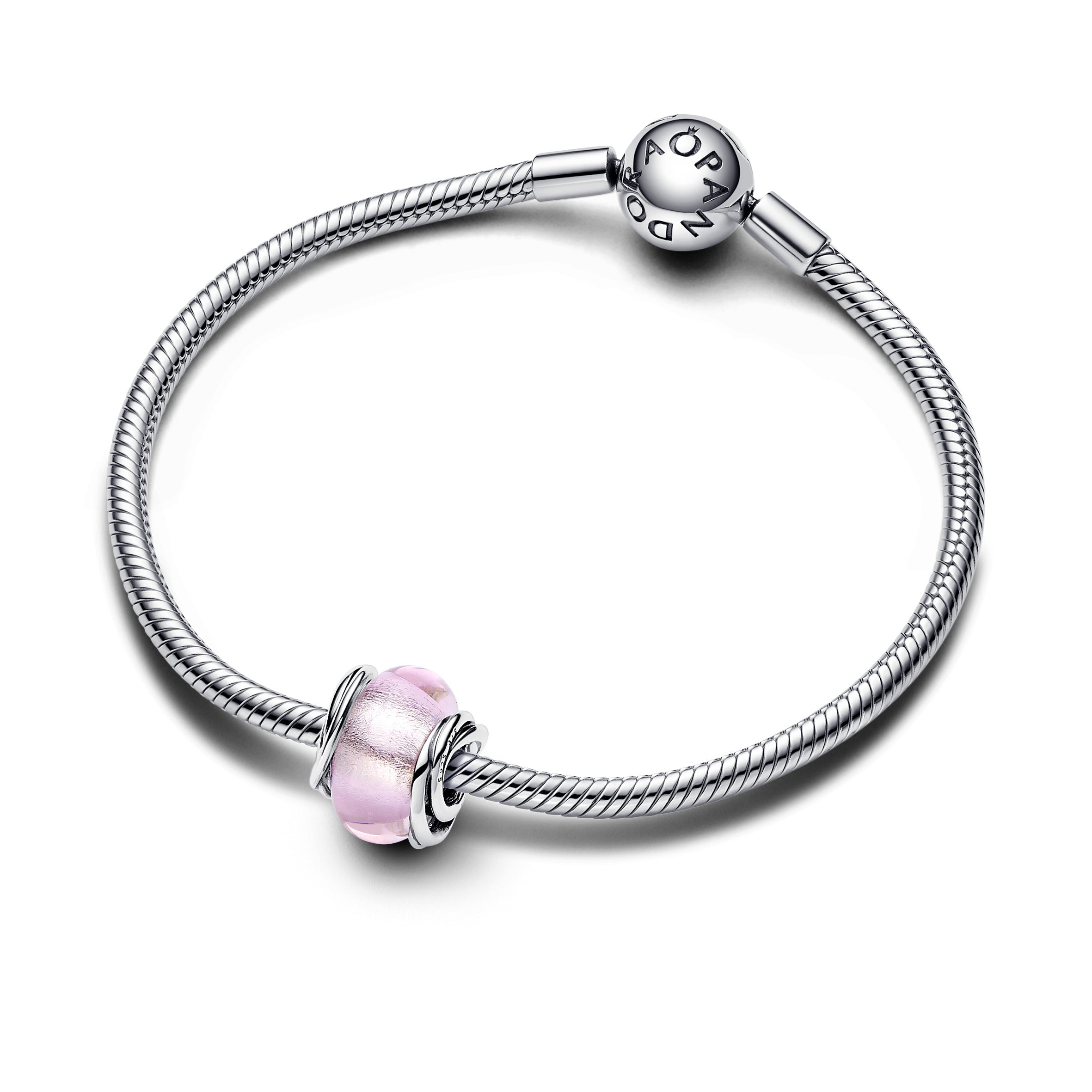 Encircled Sterling Silver Charm With Pink Murano Glass And Silver Foil