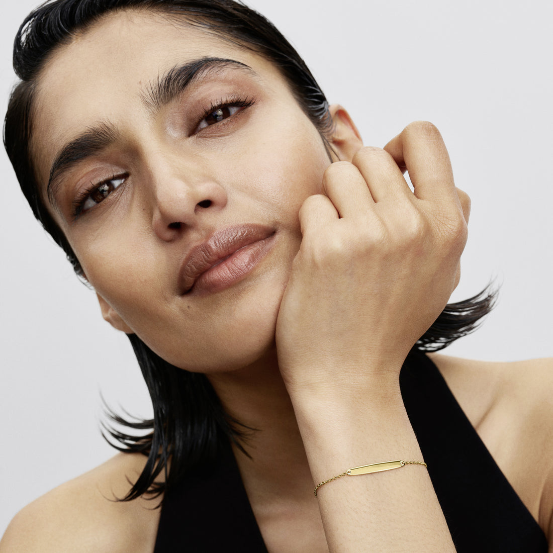 Engravable 14K Gold-Plated Bar Bracelet With Clear Cubic Zirconia