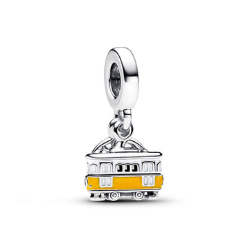 Engravable Lisbon Tram Sterling Silver Double Dangle With Clear And Red Cubic Zirconia, Yellow And White Enamel