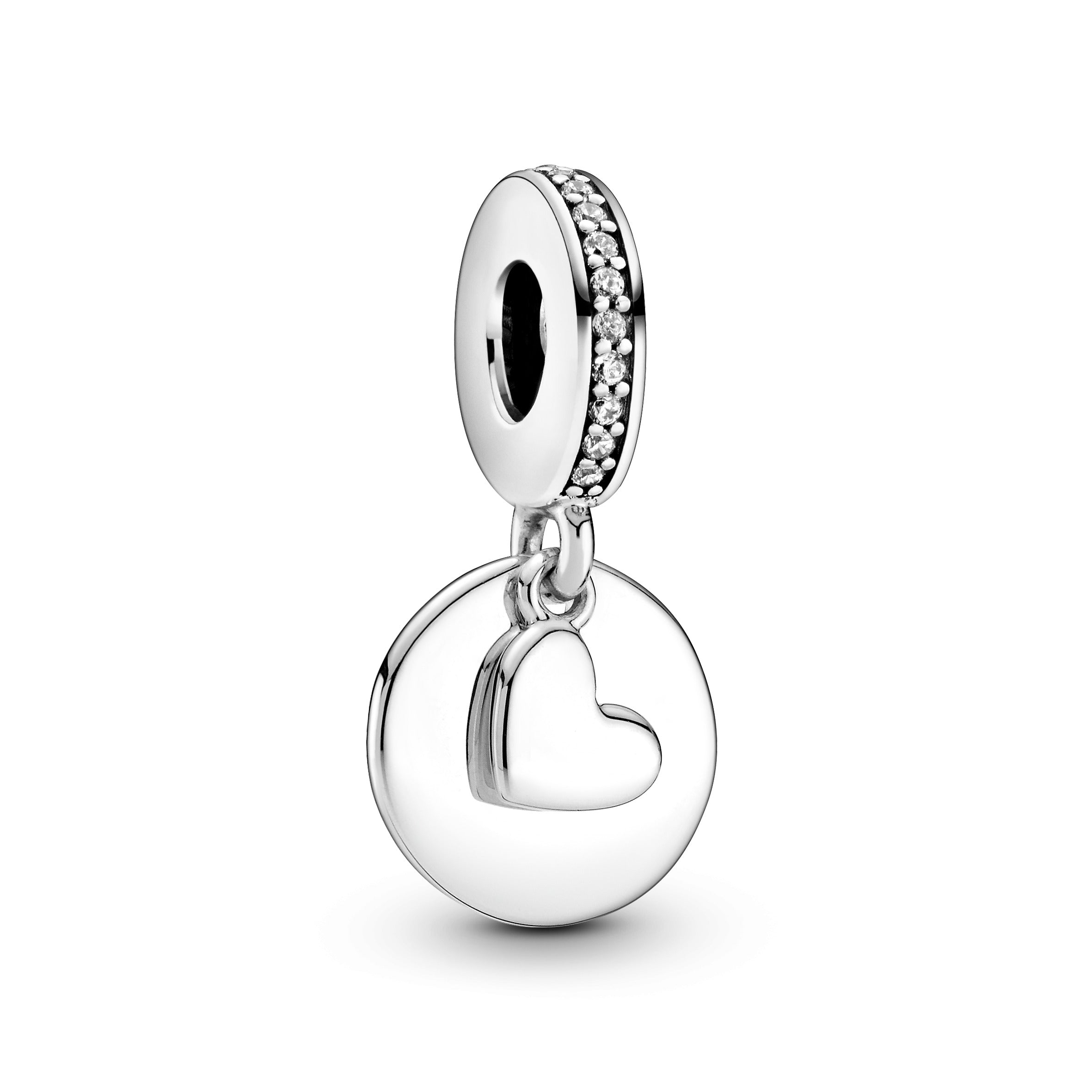 Engravable Disc And Heart Sterling Silver Dangle With Clear Cubic Zirconia